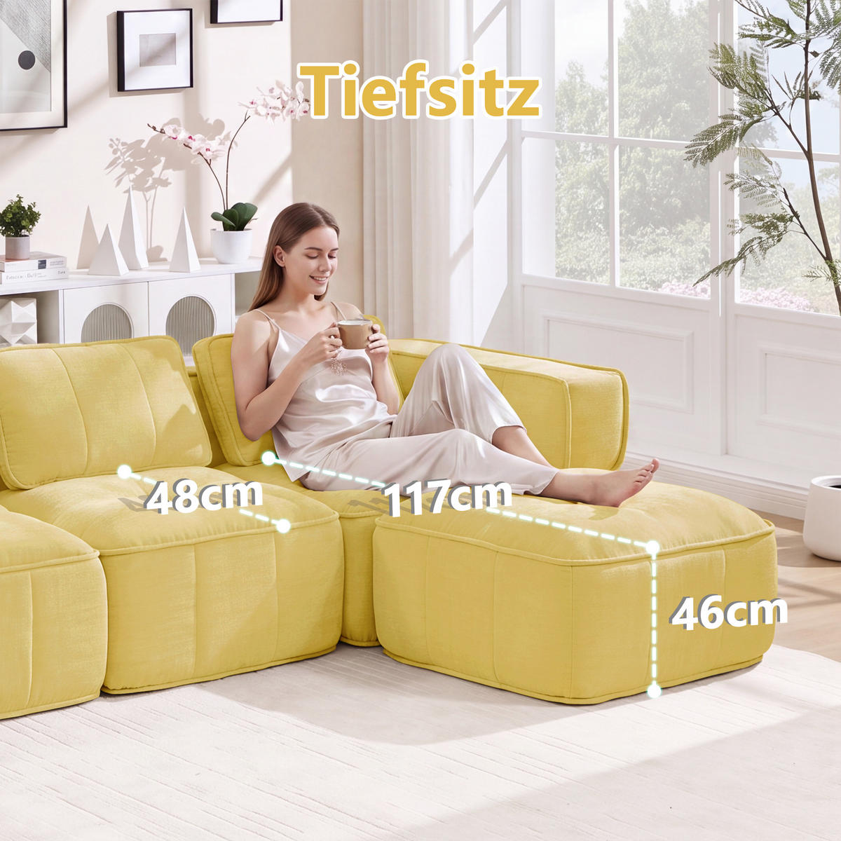ECKSOFA 271/162/67 cm Gelb mit 1 Fußhocker - Gelb, Textil (271/162cm) - Oxeza