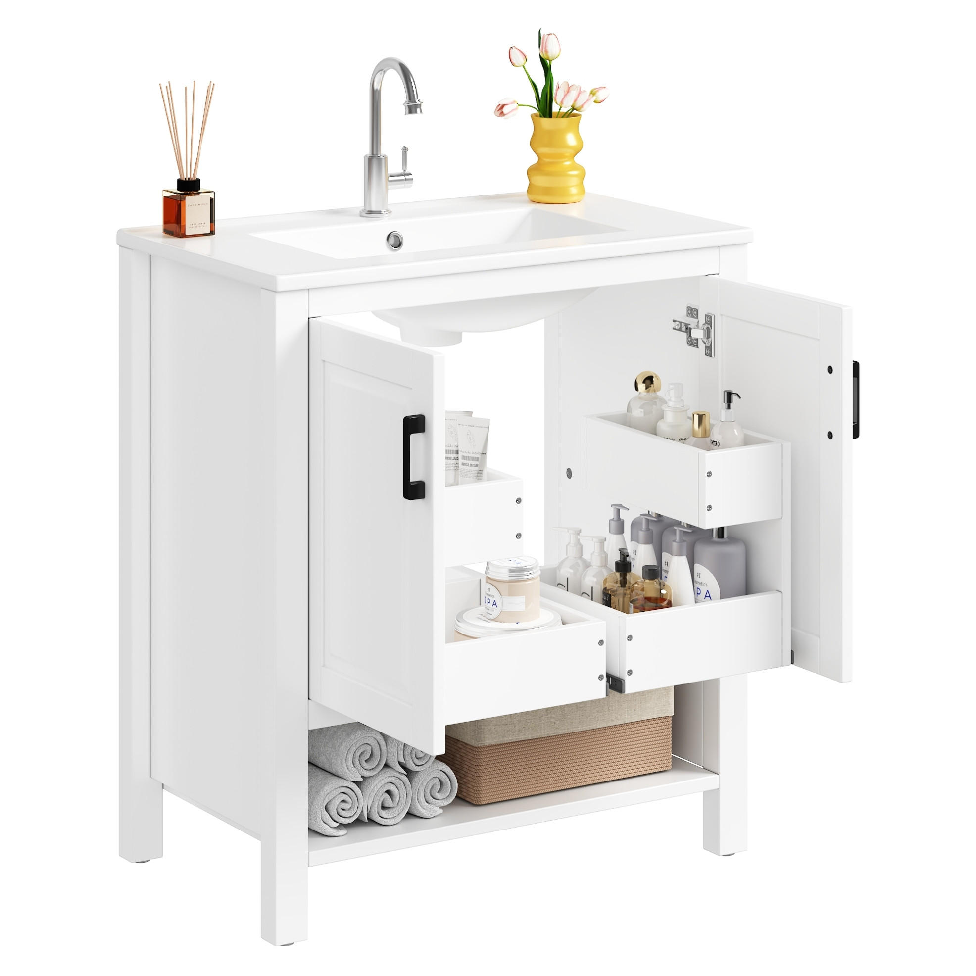 FREISTEHENDER Badezimmerwaschtisch aus MDF und Keramik 76,5x47x83 cm Weiß mit Doppeltür und offenem Stauraum - Weiß, Keramik (76.5/83/47cm) - Modfu