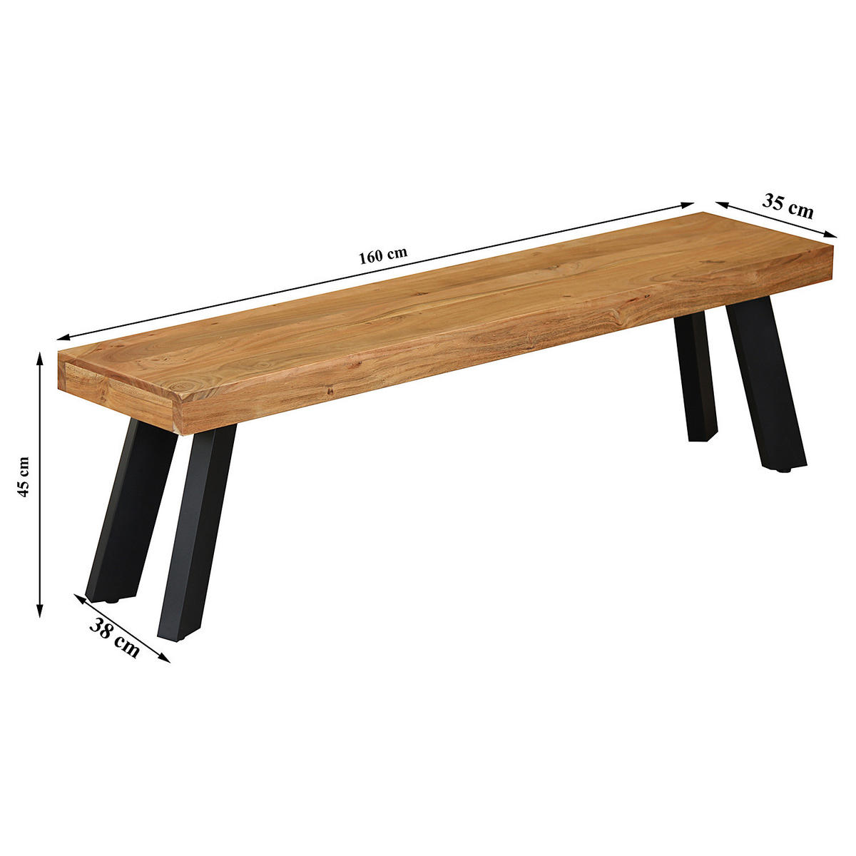 SITZBANK - Metall / Massivholz - Schwarz - Schwarz/Akaziefarben, Holz/Metall (160/45/38cm) - home24