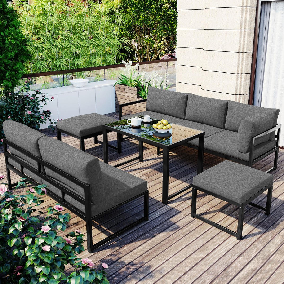 GARTENLOUNGE-SET mit Liegefunktion, Grau - Grau, Metall - KOMHTOM