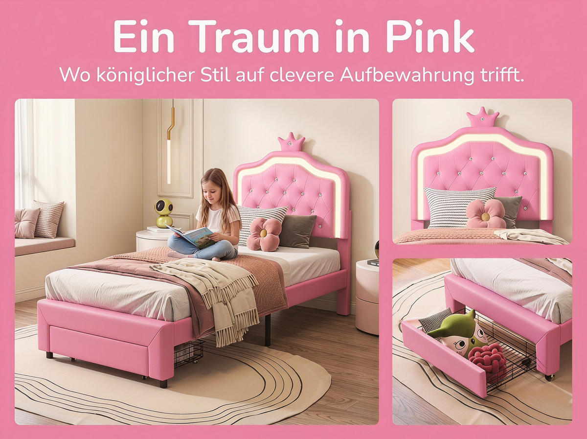 KINDERBETT 90x200 cm in Rosa mit LED und Schublade,Kunstleder - Rosa, Leder/Holz (90/200cm) - PARAFTA HOME