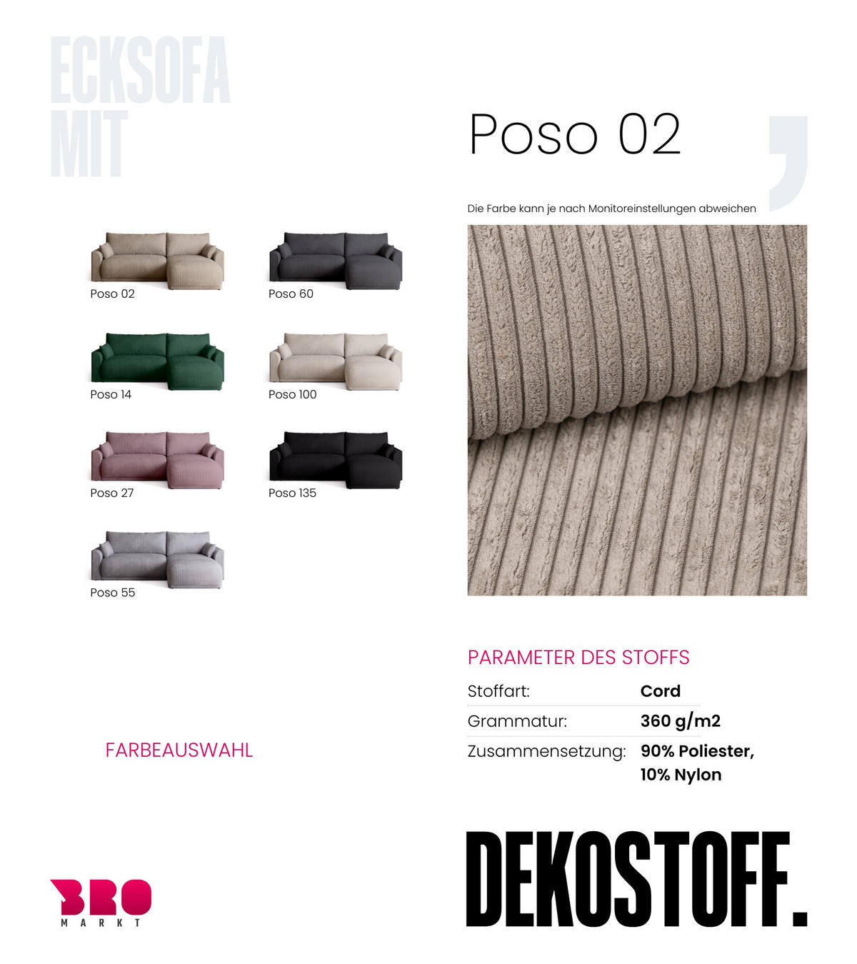 ECKSOFA MORENO mit Schlaffunktion Beige Cord - Beige, Textil (262/160cm) - Bromarkt