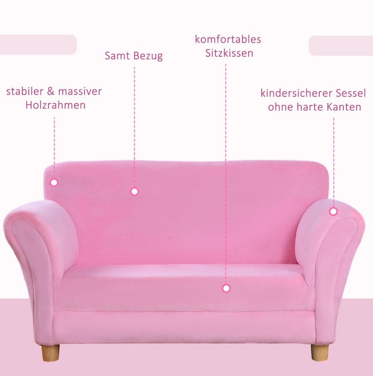 KINDERSOFA mit Holzgestell, Schaumstoffpolster, Erdbeer-Kissen 90/53/48 cm Pink - Pink, Holz (53/48/90cm) - Redom