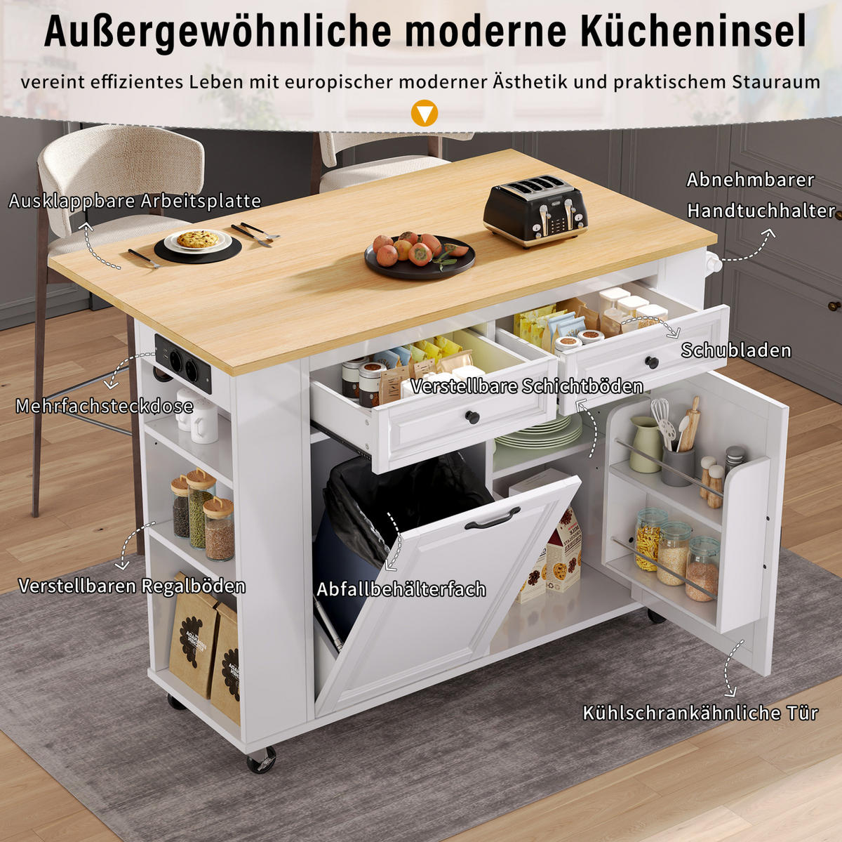 KÜCHENINSEL mit Klapptisch 120 x 40-70 x 92 cm Weiß Natur - Weiß, Holz (70/92/120cm) - Beauniv
