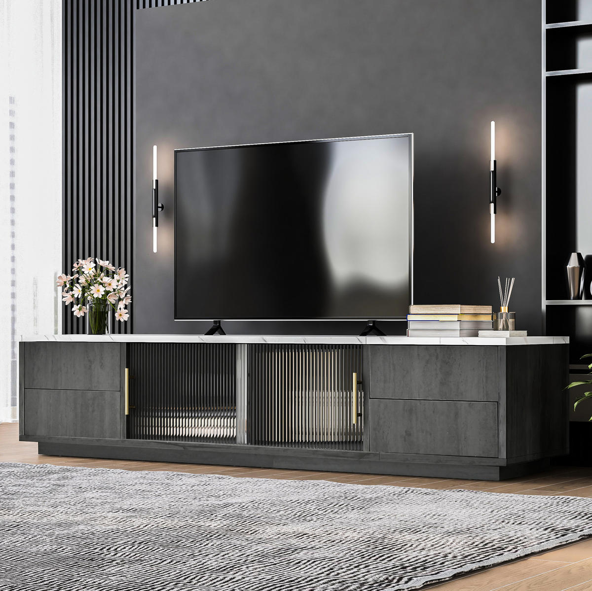 TV ormarić 160/40/38,5 cm sivi od MDF-a s 4 ladice i staklenim vratima - siva, drvni materijal (160/38.5/40cm) - OKWISH