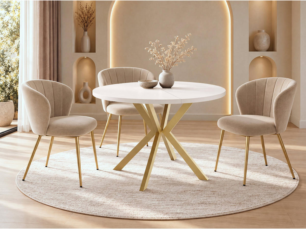 ESSTISCH Flora runder ausziehbarer, Weiß 120-200/120/76 cm - Goldfarben/Weiß, Holzwerkstoff/Metall (120/200/76cm) - WFL GROUP