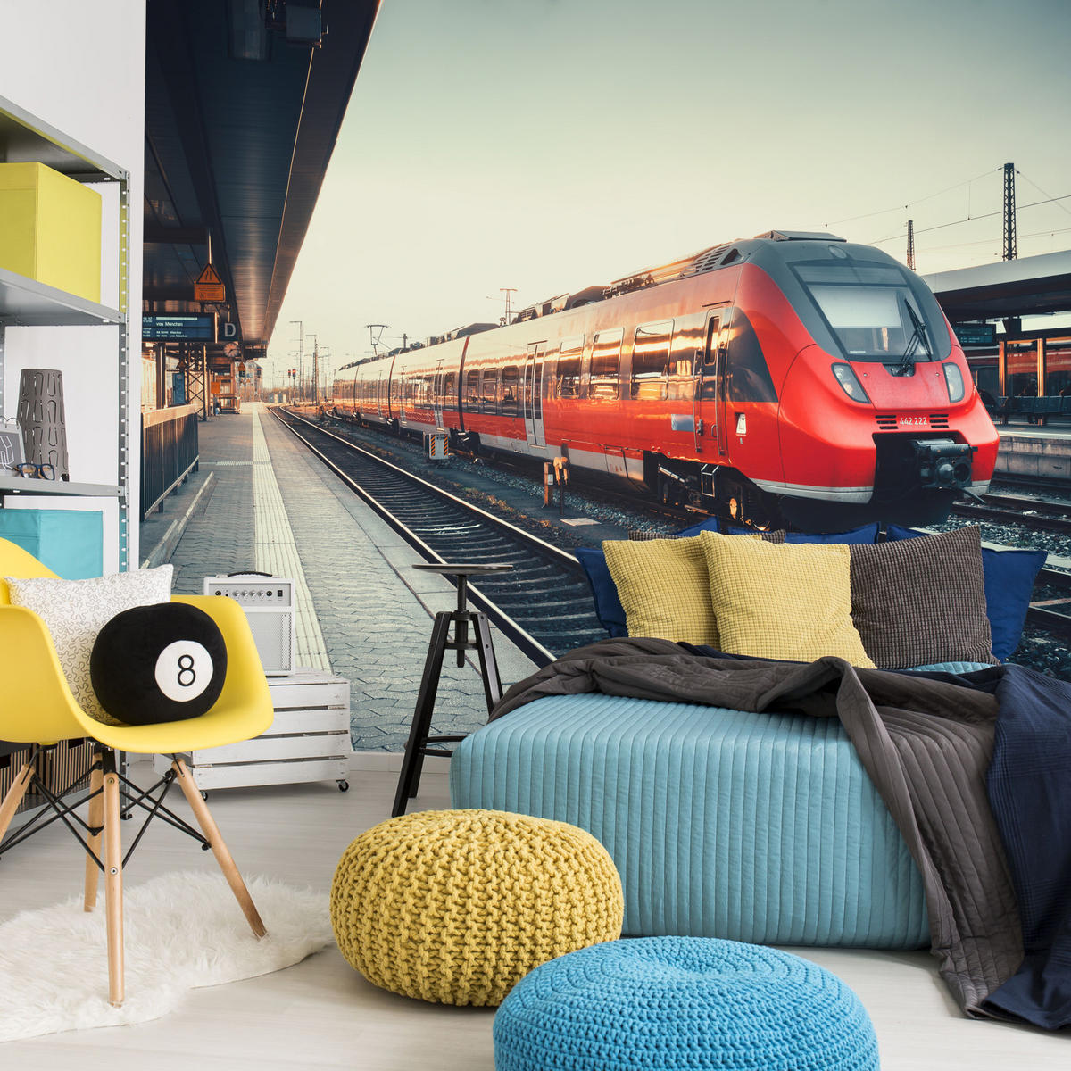 FOTOTAPETA Pre Obývaciu Izbu Moderný Červený Vlak Stanica Koľajnice 150 x 105 cm - hnedá/sivá, papier (150/105cm) - Muralo