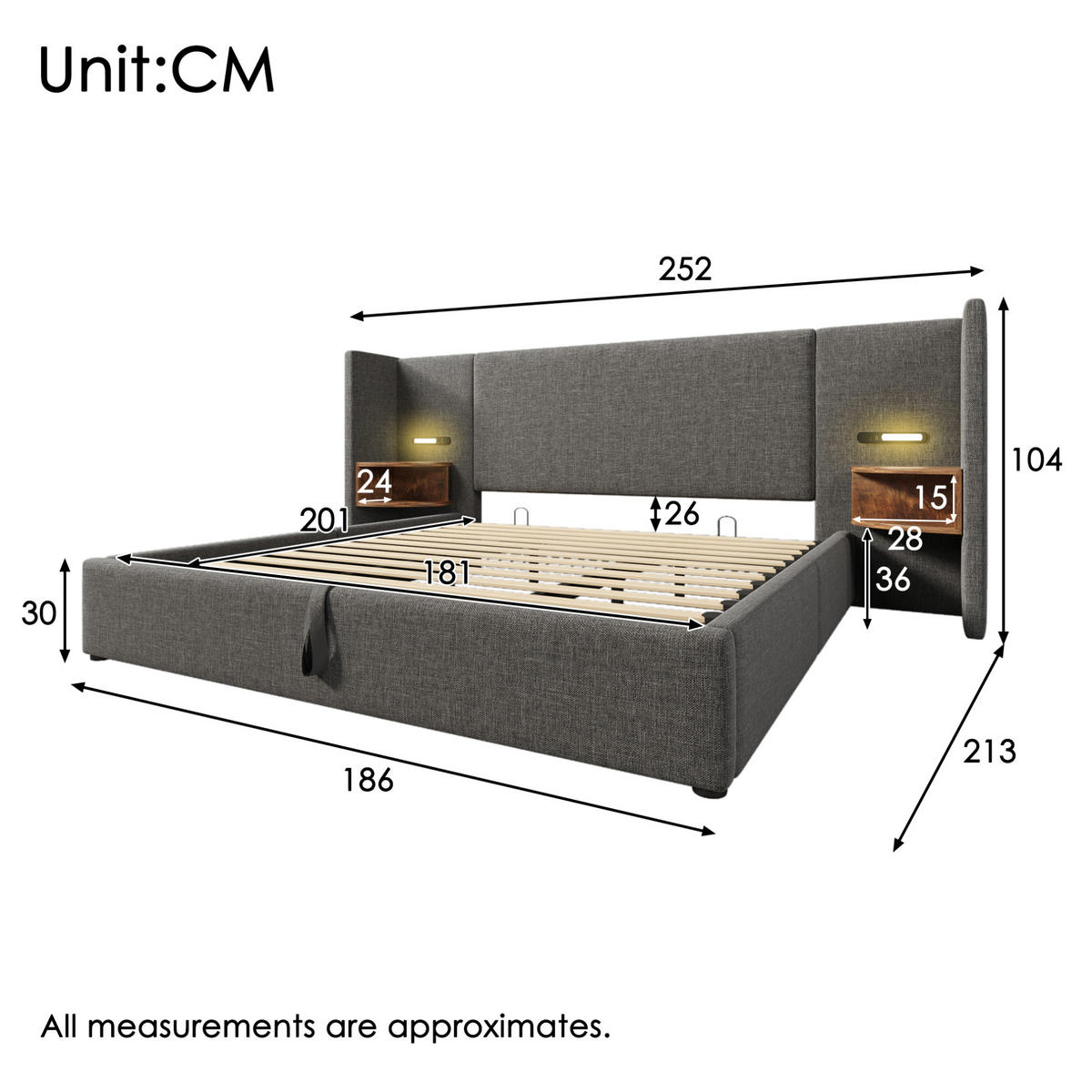 POLSTERBETT aus Leinen 180x200 cm Grau mit Bettkasten, Leselampe und USB-/Type-C-Anschlüssen - Grau, Textil (180/200cm) - IVMEU