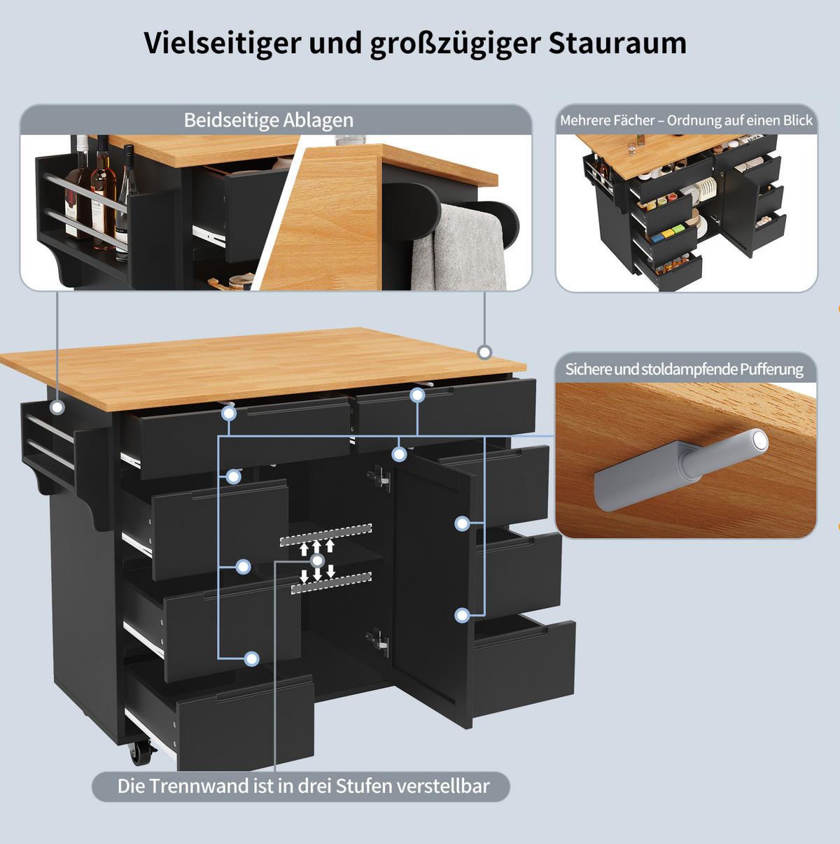 KÜCHENINSEL 122/74,5/91,5 cm in Schwarz mit Klapptisch und 8 Schubladen - Schwarz, Holzwerkstoff (122/91.5/74.5cm) - Flora Grace