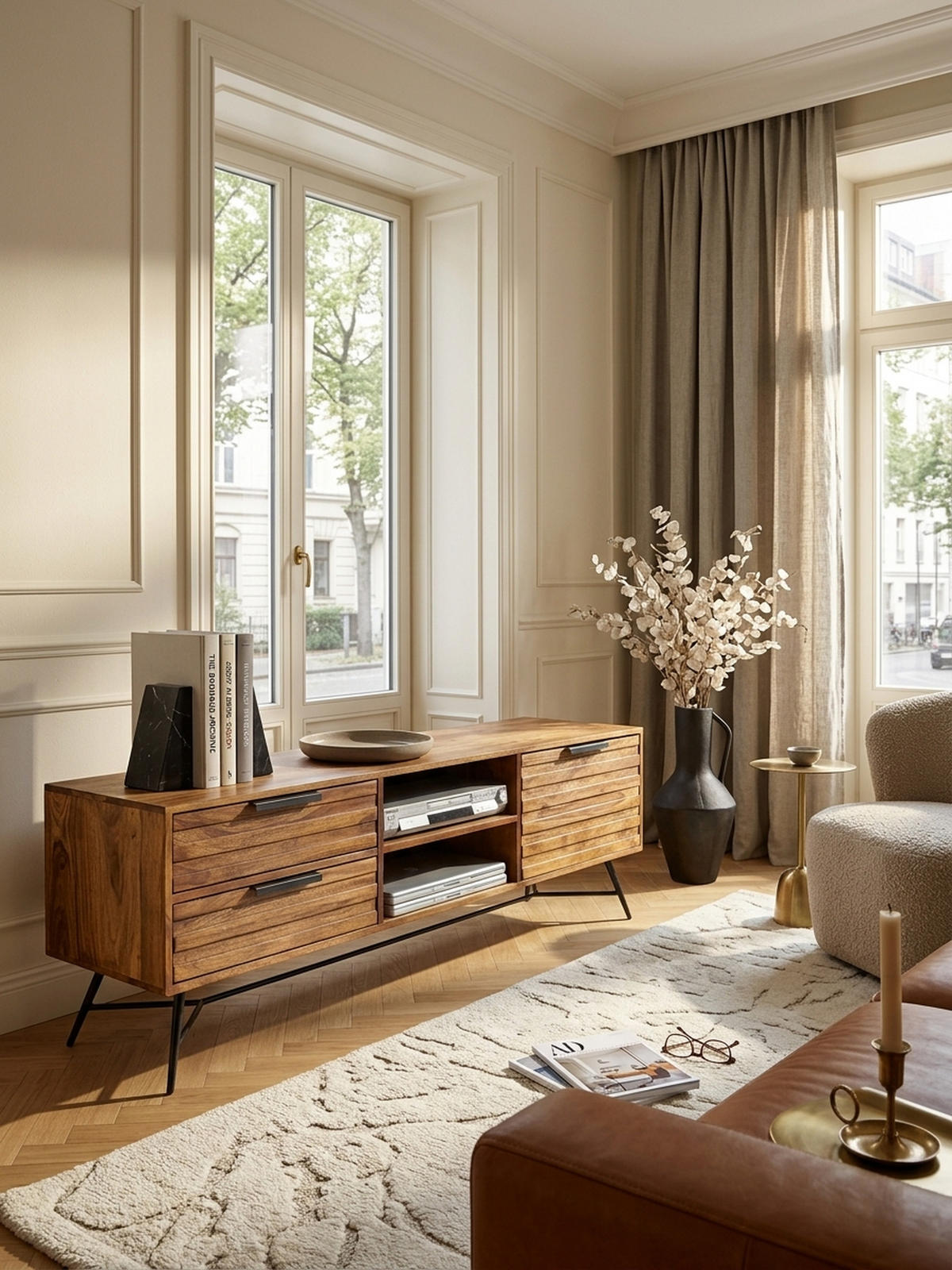 LOWBOARD Massivholz Industrial Stil 160x54x40 cm Modell NISHAN - Schwarz/Braun, Holz/Metall (160/54/40cm) - KADIMA DESIGN