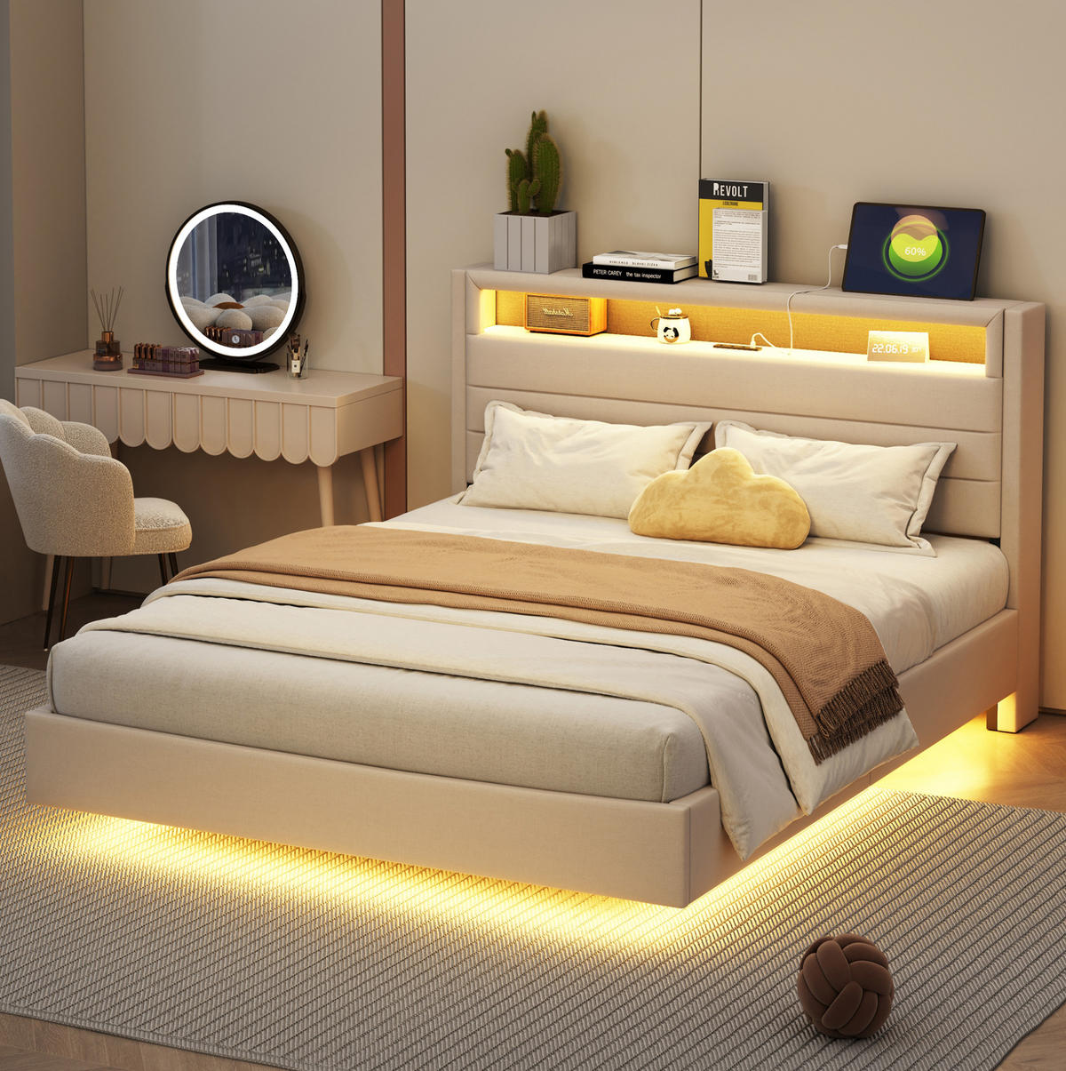 POLSTERBETT 140/200 cm mit LED-Beleuchtung, USB-Anschluss und Stauraum im Kopfteil - Beige, Textil (140/200cm) - BEAOK