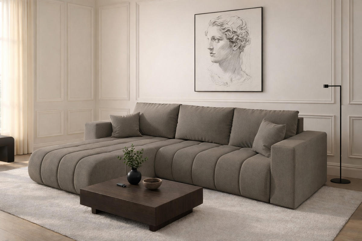 ECKSOFA mit schlaffunktion und bettkasten MILO PREMIUM, stoff WIND, Braungrau, Links - Braun, Holz (280/190cm) - Kaiser Möbel