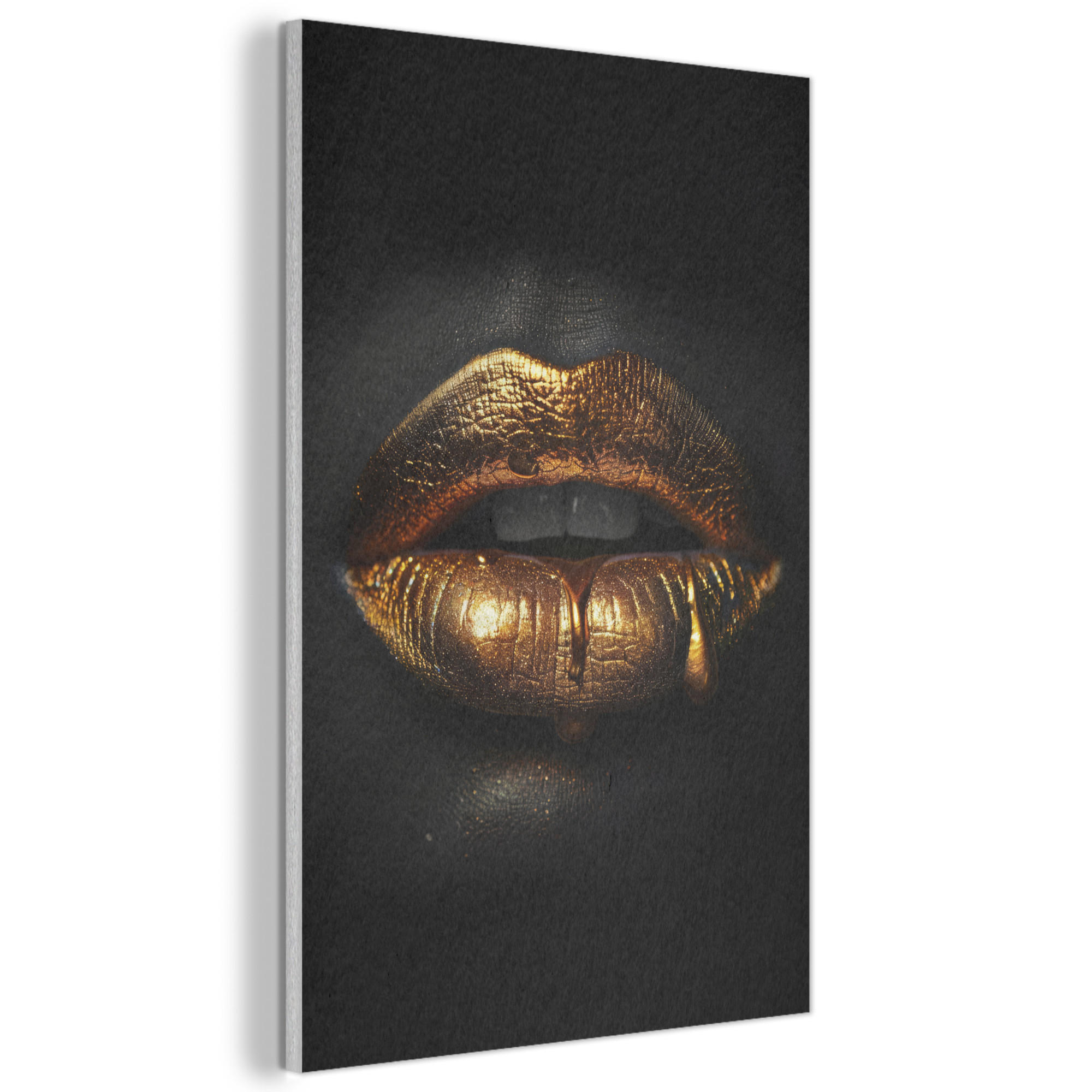 AKUSTIKBILD Frau - Porträt - Lippen - Gold - Schwarz Wanddeko 60x90 cm - Schwarz, Kunststoff (60/90/0.9cm) - MuchoWow