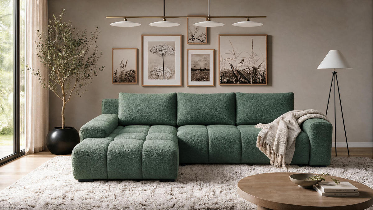 ECKSOFA Ovia mit Bettkasten und Schlaffunktion, Bouclé-Stoff in L-Form - Grün, Textil (270/185cm)