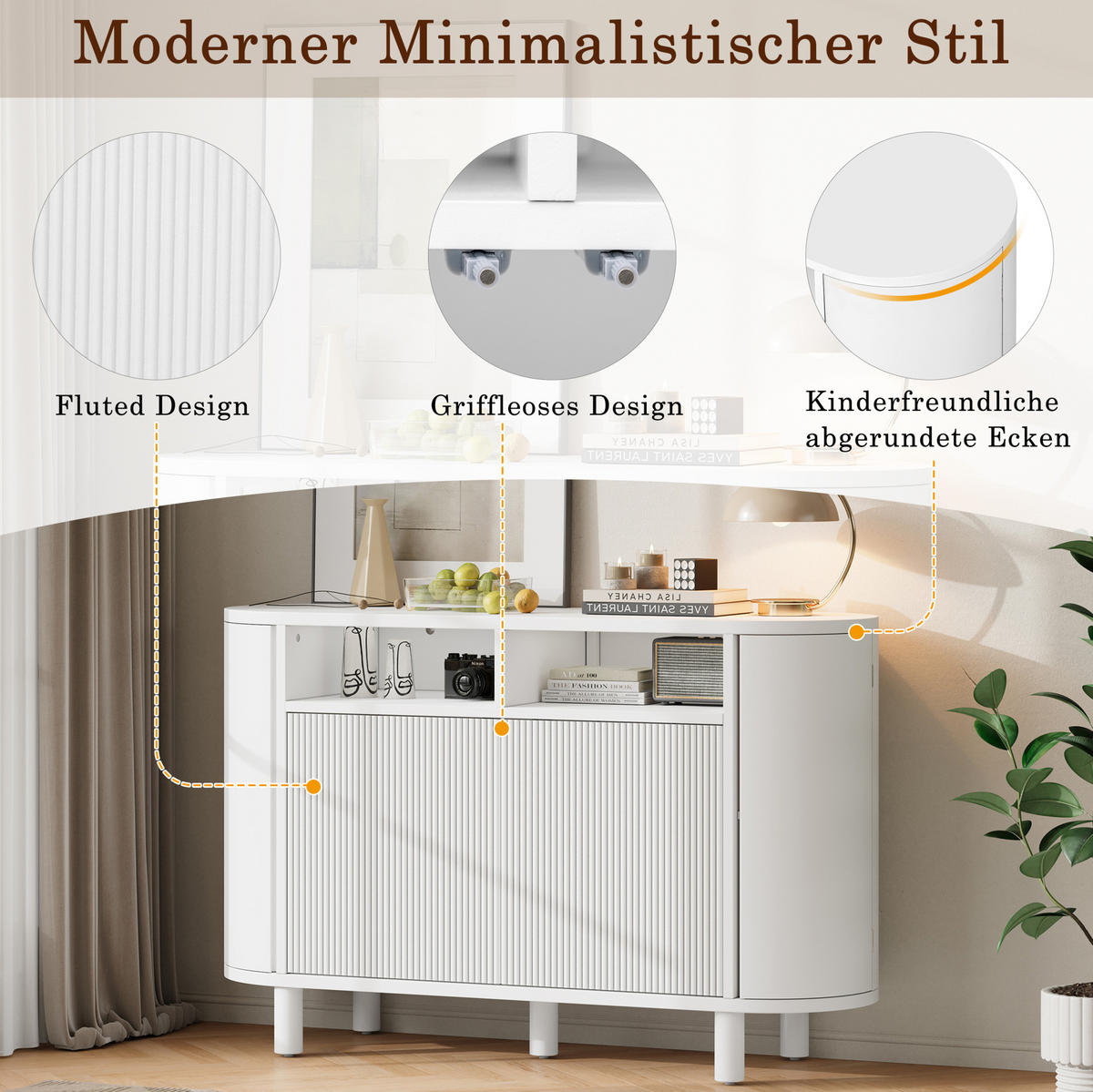 SIDEBOARD 120/38/77 cm aus MDF mit Rundbogenfach und verstellbaren Füßen Weiß - Weiß, Holzwerkstoff (120/77/38cm) - Modenvie