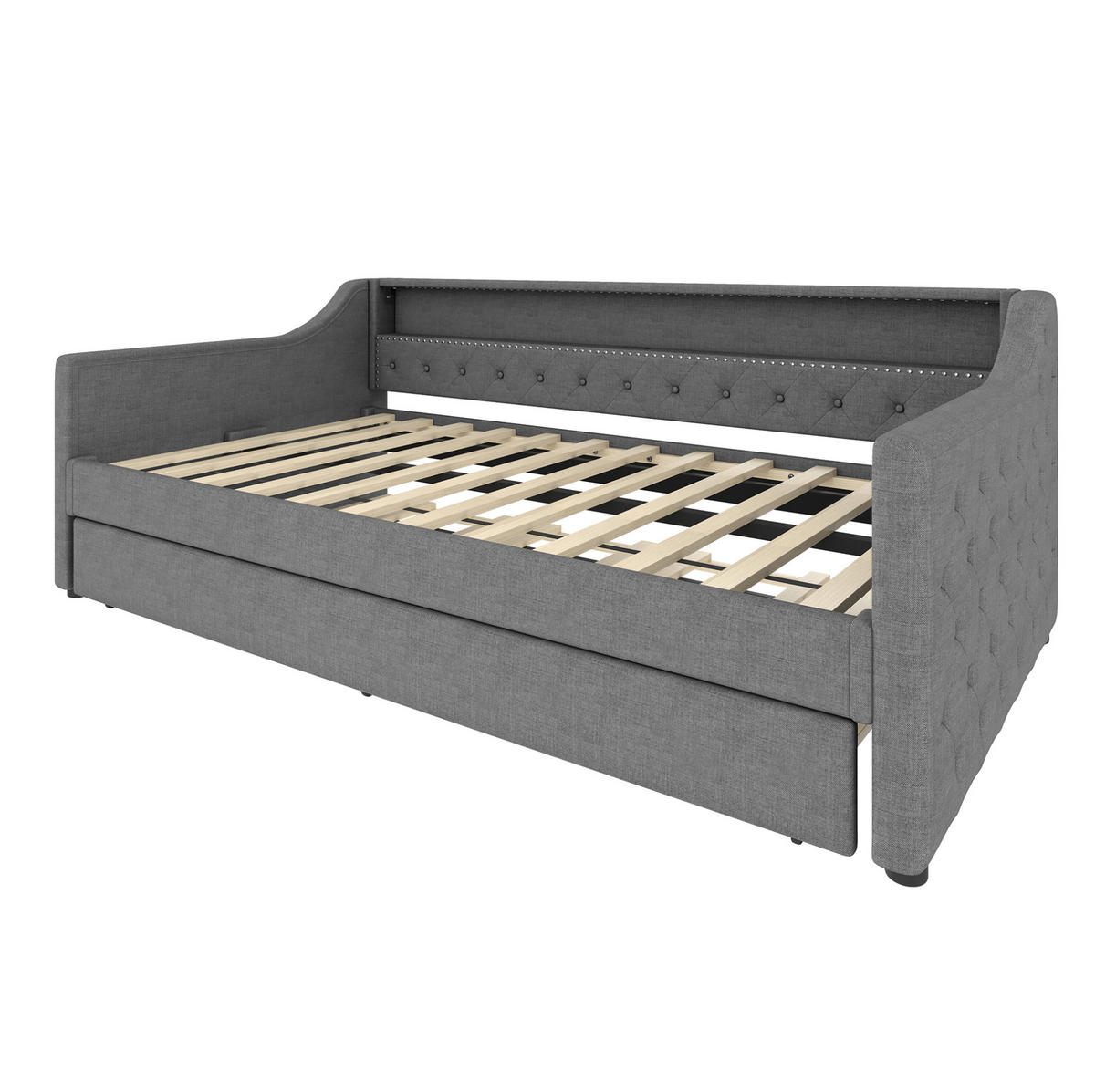 DAYBETT 90/200 cm Grau mit Ausziehbett und LED-Beleuchtung aus Leinen - Grau, Textil (90/200cm) - OKWISH