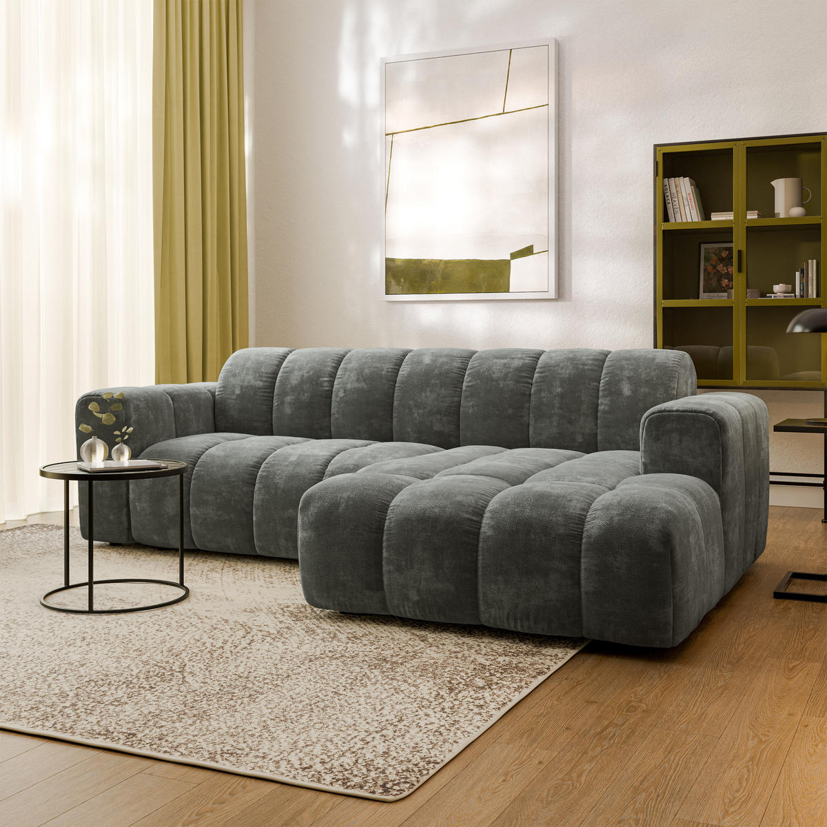ECKSOFA TISI Grau Chenille - Grau, Holz (274/165cm) - MASSENO
