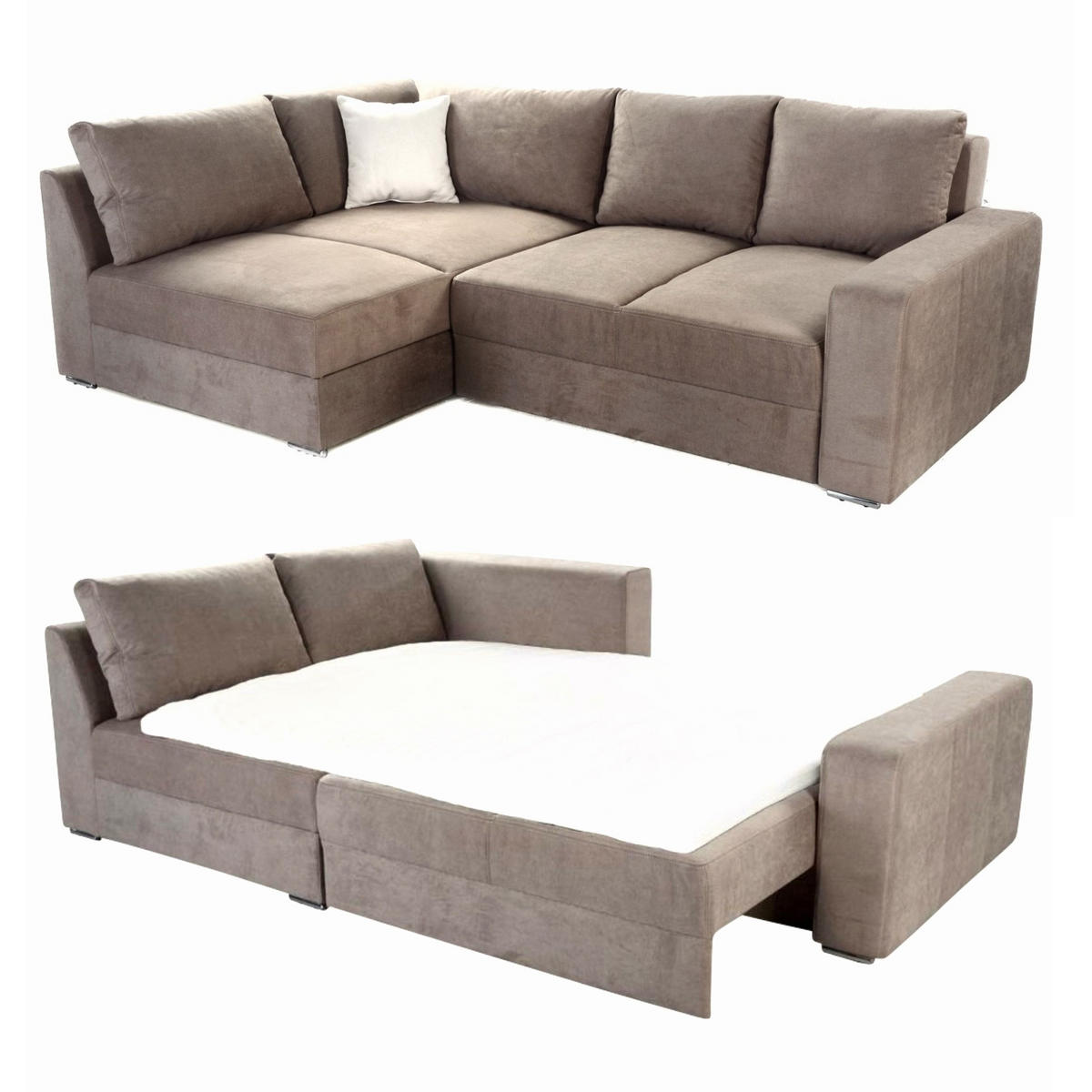 ECKSOFA-DAUERSCHLÄFER Boxspring Federkern Topper Bettkasten, seitenverkehrt montierbar B260/T181/H88 cm, Mikrofaser in Hell-Braun / 15108 - Hellbraun/Chromfarben, Textil/Metall (260/181cm) - luma-home