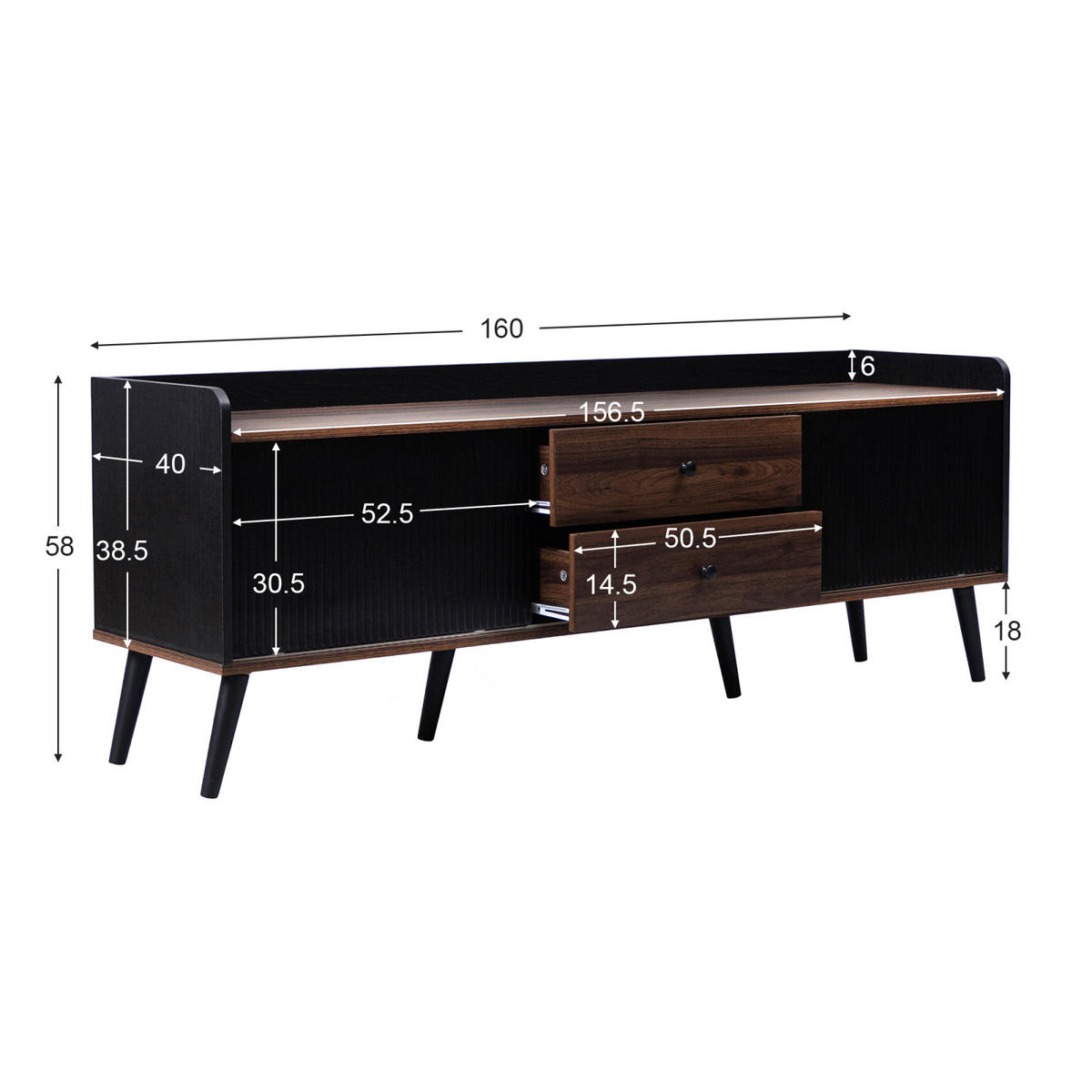 TV Lowboard 2 Schubladen, 2 Schiebetüren, Schwarz Natur - Schwarz, Holz (160/58/40cm)