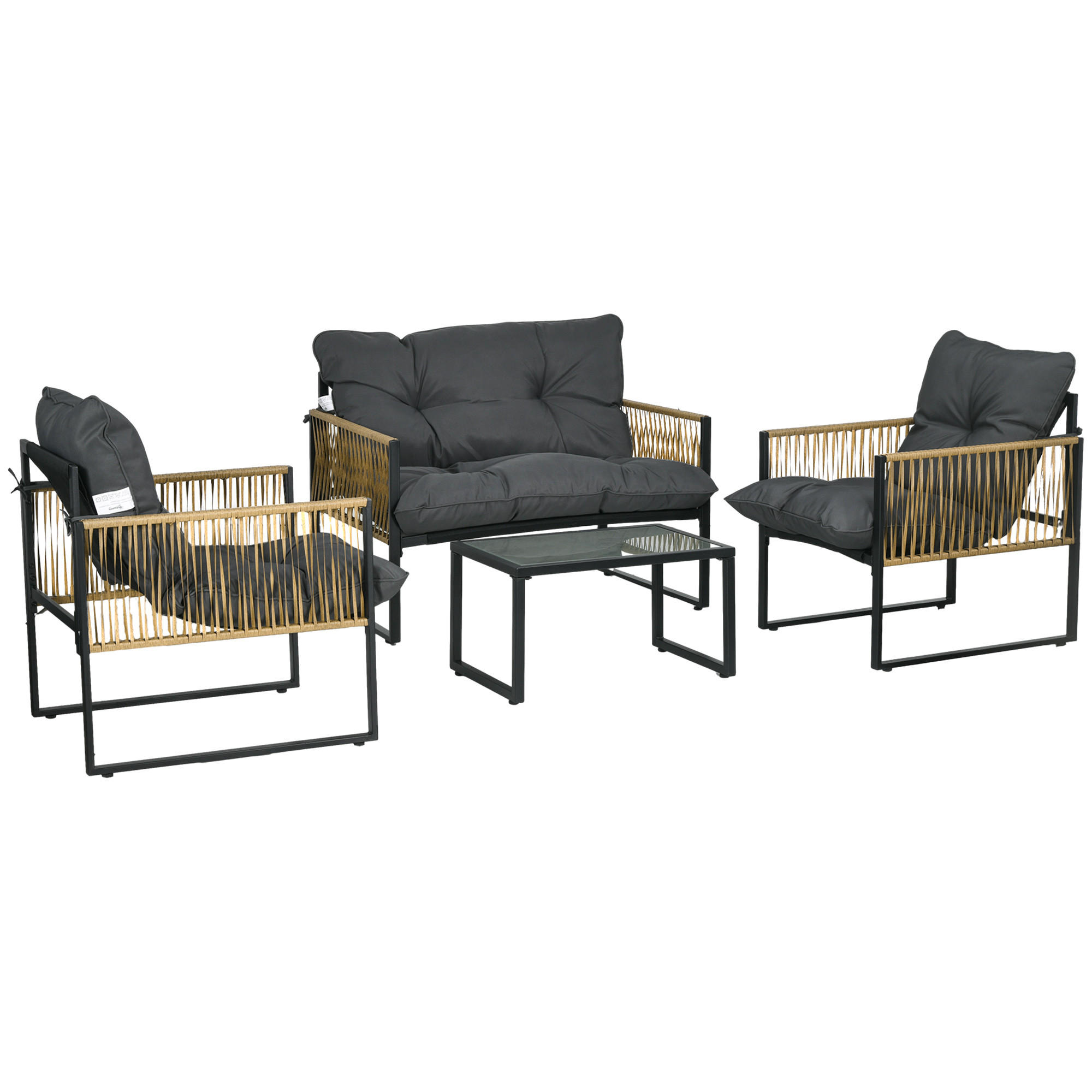GARTENSET DE-13591 4-teilig mit Glastisch, 3 Kissen Grau - Grau, Metall - ComfortXL
