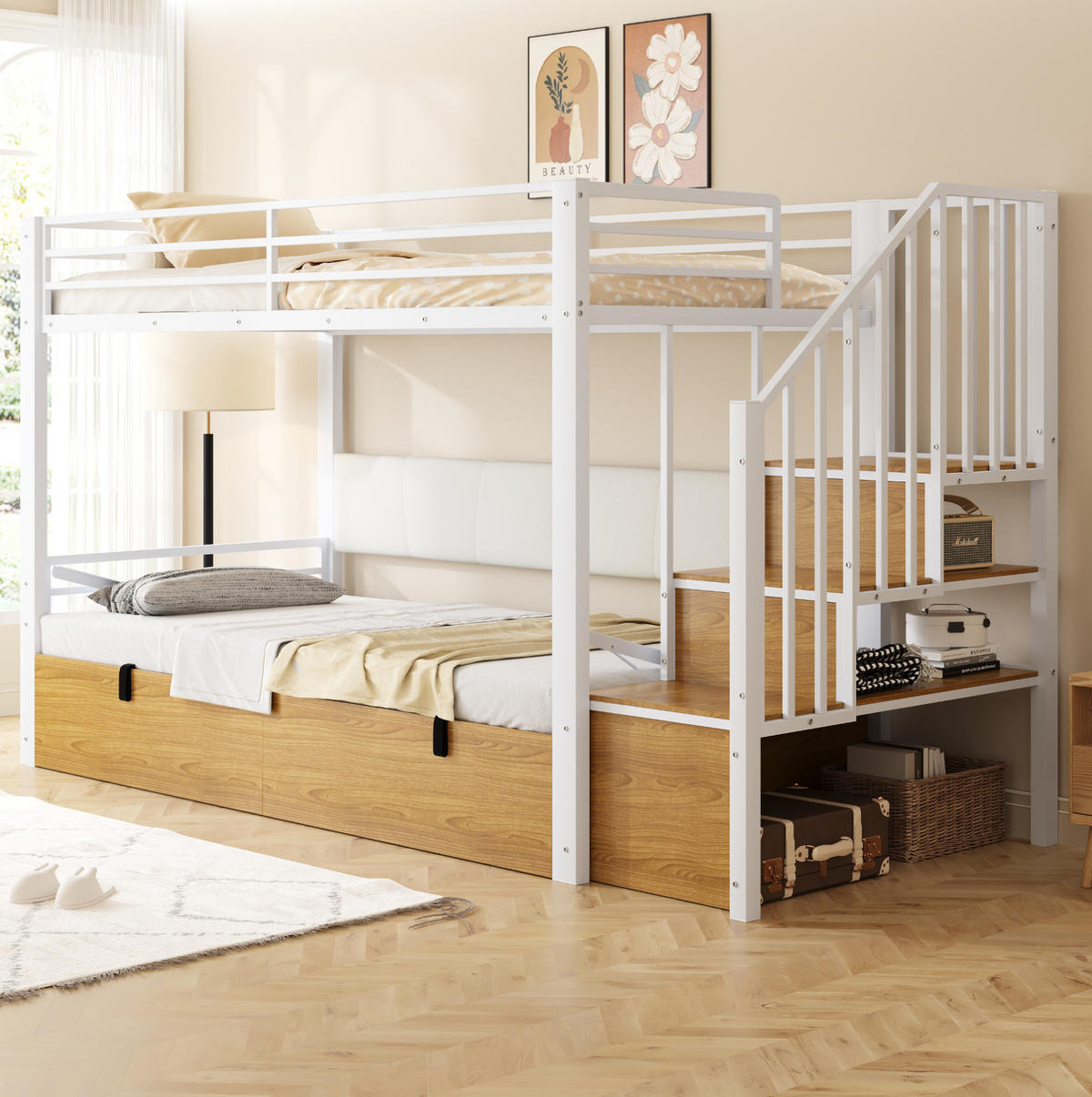 HOCHBETT 90/200 cm aus Metall und MDF mit Stauraumtreppe Weiß - Weiß, Holzwerkstoff (90/200cm) - Modenvie