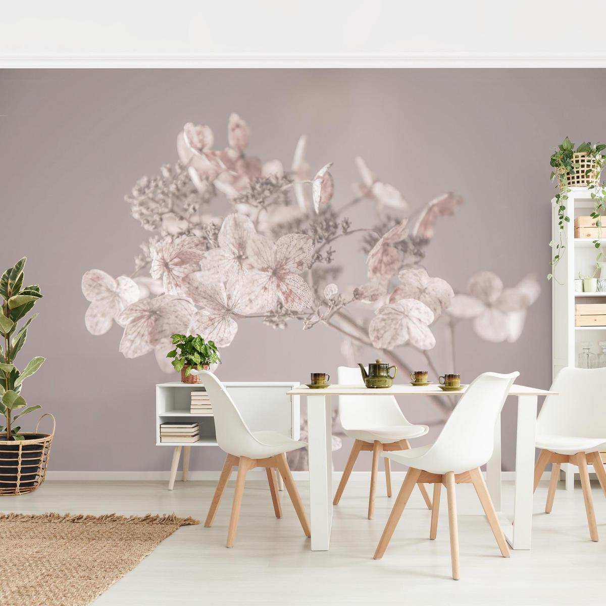 FOTOTAPETE Zarte weiße Hortensie 336/225 cm - Eichefarben, Papier (336/225cm) - Bilderwelten