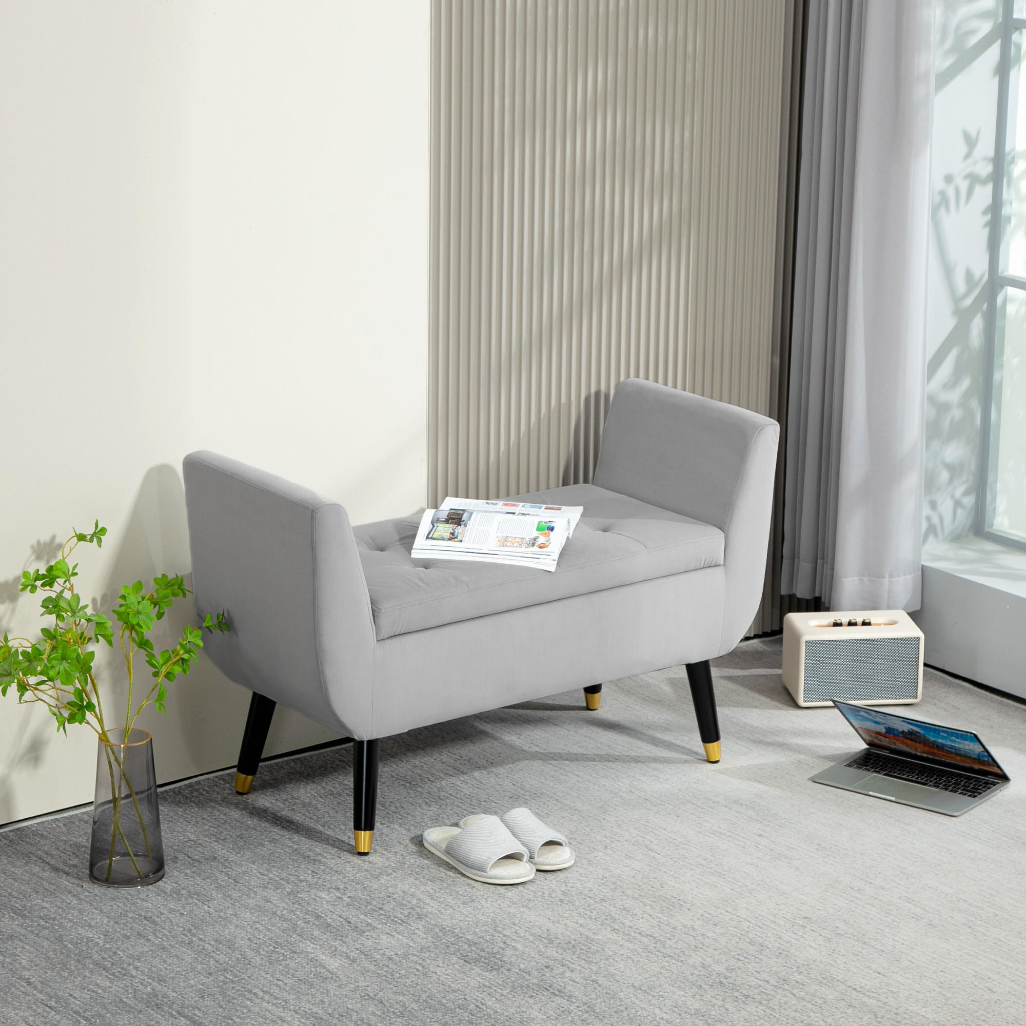 LUXUS Sitzbank Polsterbank mit Stauraum Armlehnen Polyester Holz Hellgrau - Hellgrau, Kunststoff (42/65/107cm) - HOMCOM