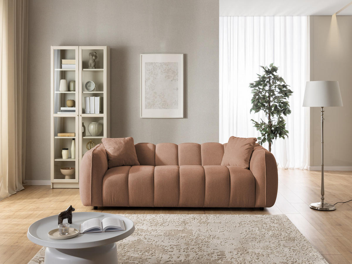 3-SITZER SOFA Nubira in tief gesteppter Bubble-Optik aus weichem Terrakotta Strukturstoff im modernen Design - Terracotta/Schwarz, Holz/Kunststoff (228/69/89cm) - S-Style Möbel