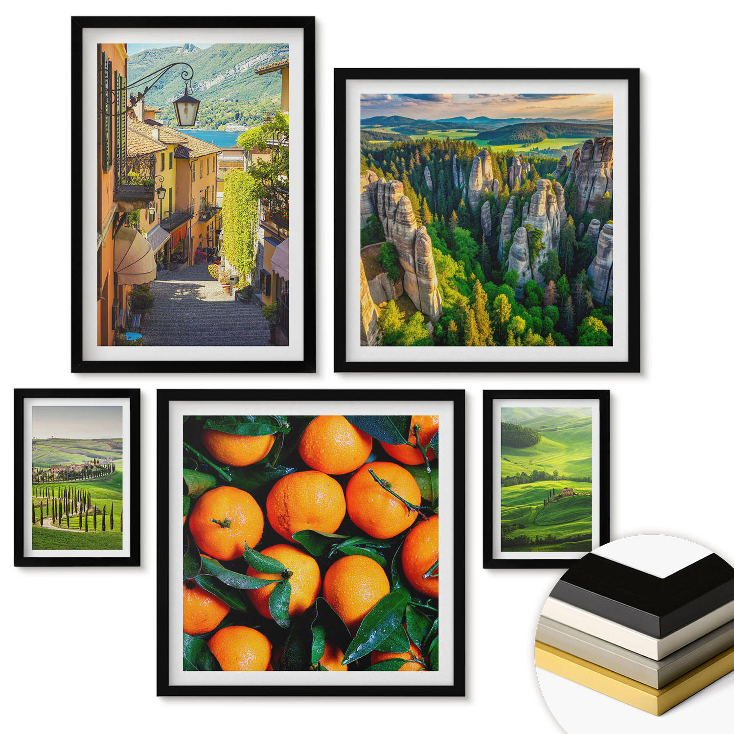 WANDBILDER 5er-Set - 50x50 cm & 20x30 cm & 40x60 cm Schwarzer Rahmen - Italienische Landschaft Orangen Natur - Schwarz, Kunststoff (40/60cm) - ArtPrintCave