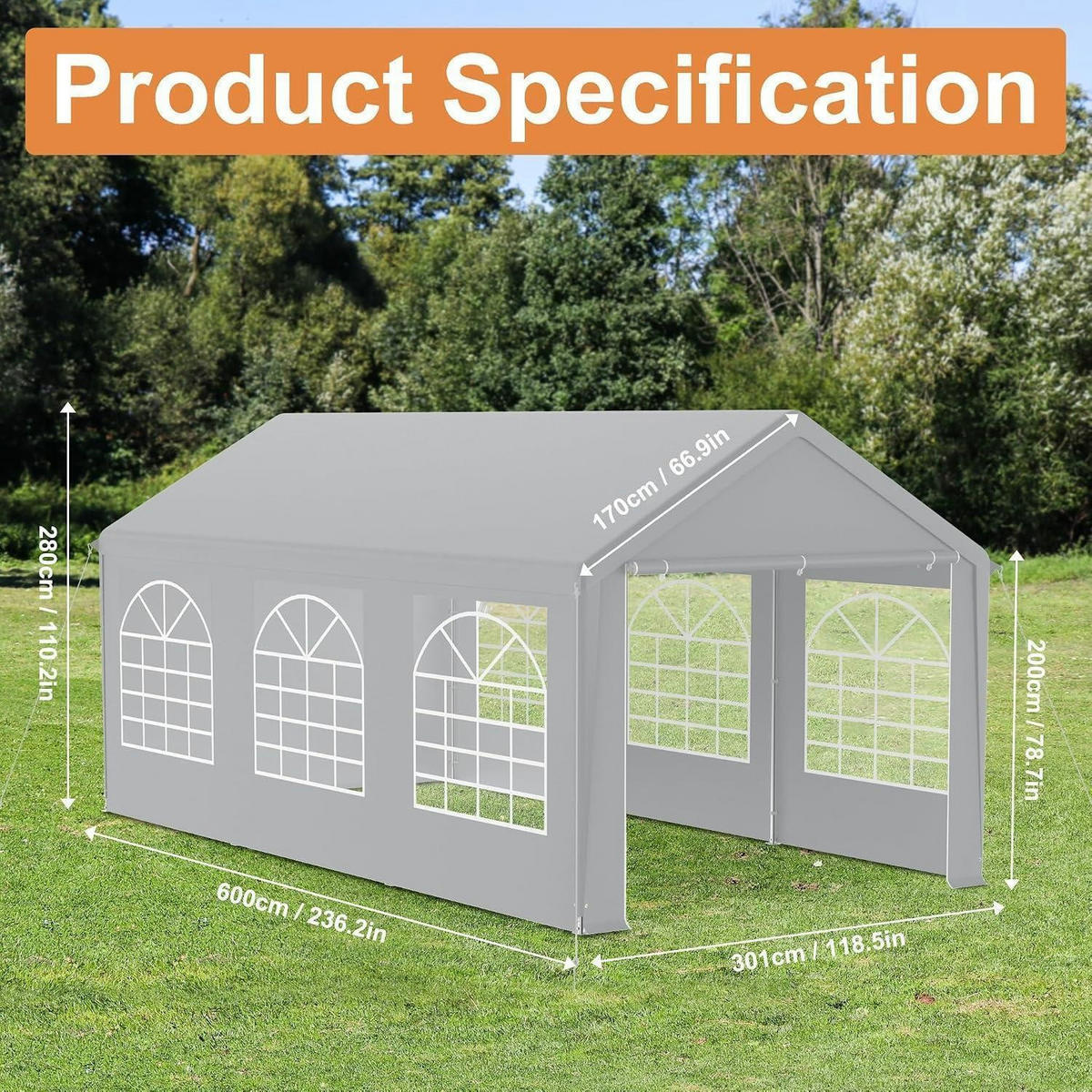GARTENZELT 3 x 6 m mit 4 Seitenwänden Grau - Grau, Textil (300/280/600cm)