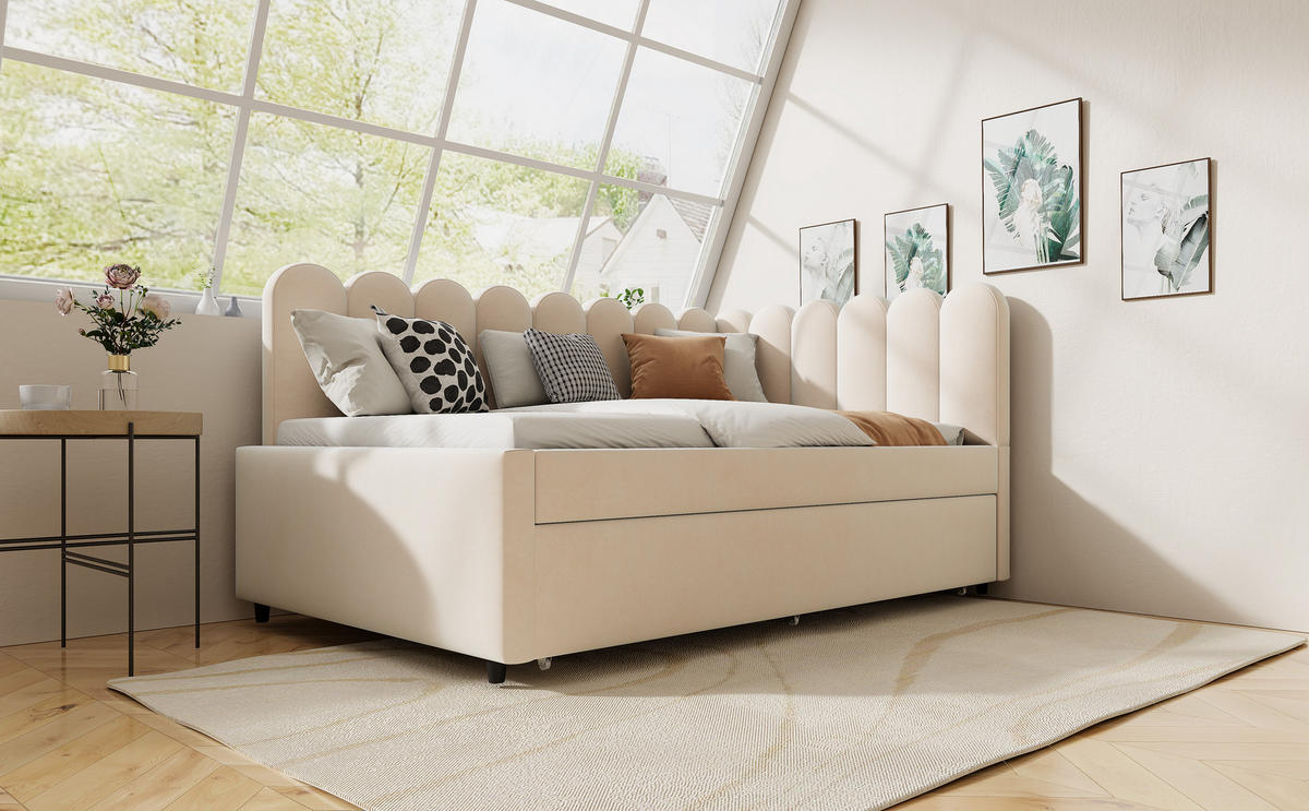 POLSTERBETT 140x200 cm mit Ausziehbett 90x190 cm, Samt, Beige - Beige, Holz (140/200cm)