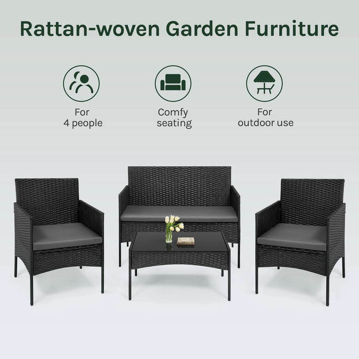 RATTAN-GARTENMÖBEL-SET – 2-Sitzer, 2 Sessel, Couchtisch - Schwarz, Metall - Auledio