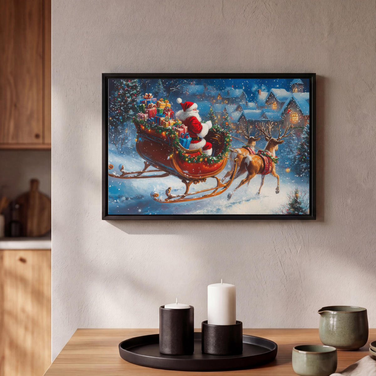 LEINWAND Bilder mit Rahmen - Weihnachtsmann - Rentier - Weihnachten - Schnee - 30x20 - Cognac, Textil (30/20cm) - MuchoWow