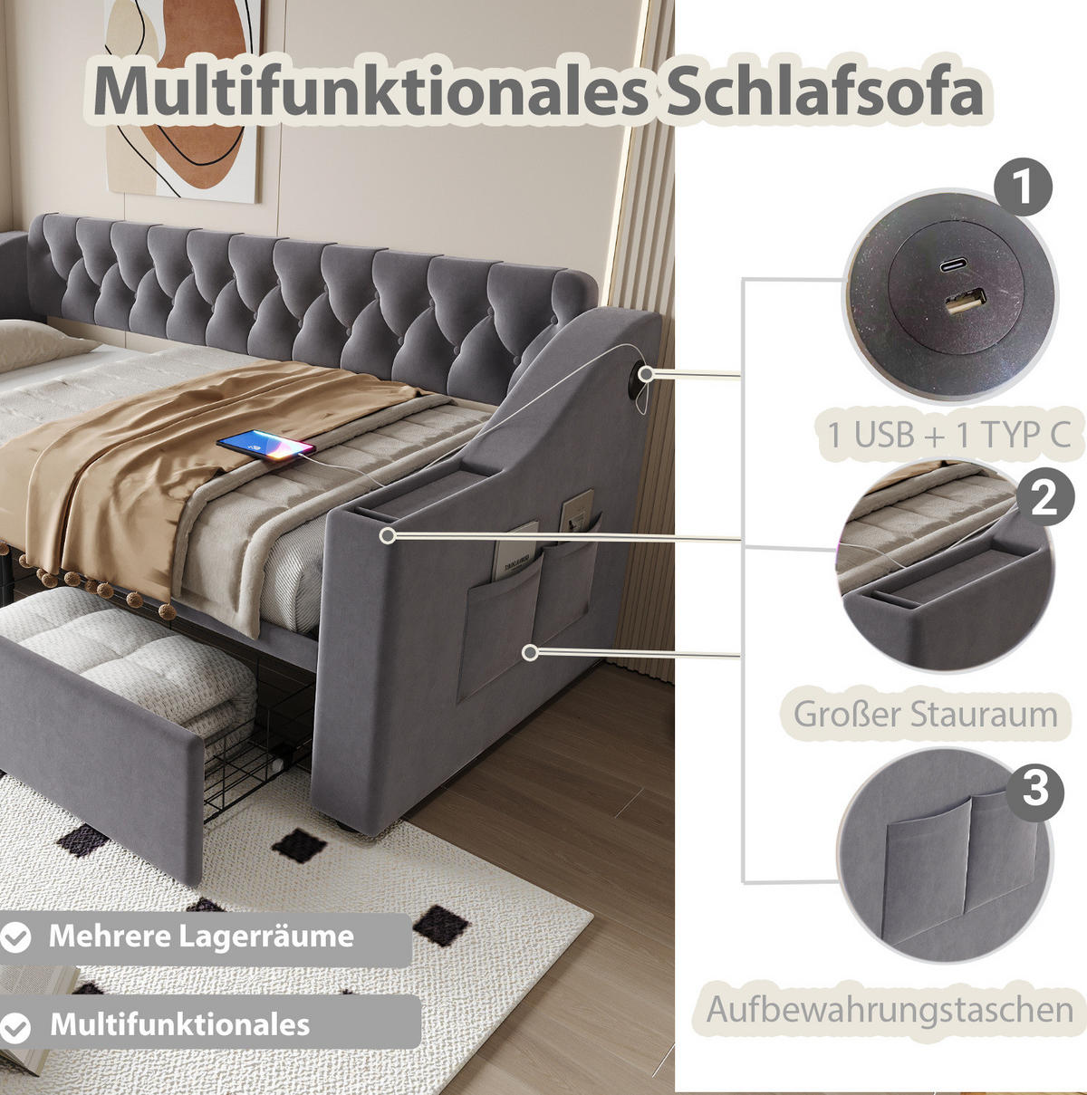 ČALOUNĚNÁ postel 90/190 cm tmavě šedá ze sametu s USB porty a úložnými zásuvkami - šedá, textil (90/190cm) - OKWISH