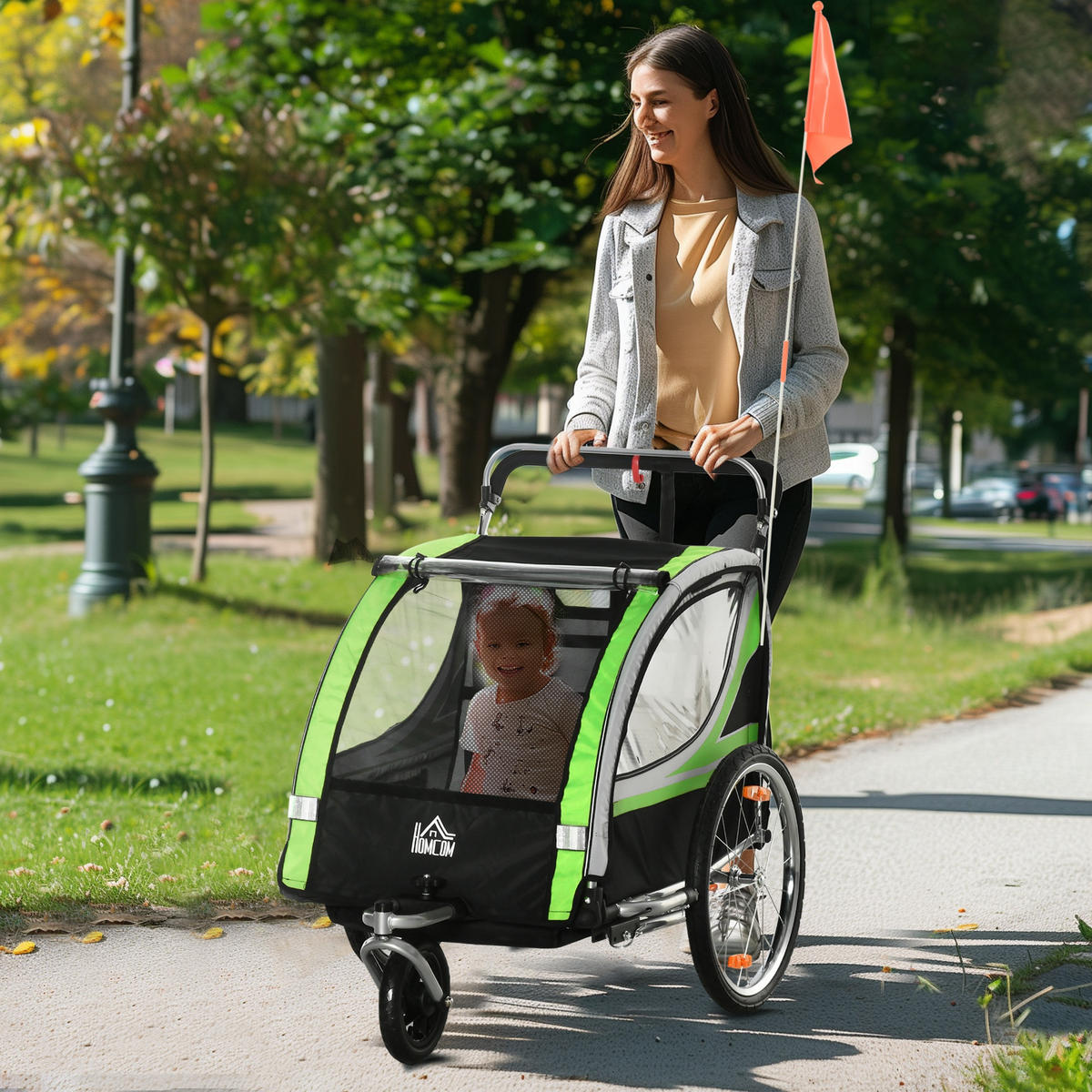 2 in 1 Kinderanhänger, Fahrradanhänger Kinderbuggy mit 5-Punkt Sicherheitsgurt - Schwarz/Grün, Kunststoff/Metall (75/101/142cm) - HOMCOM