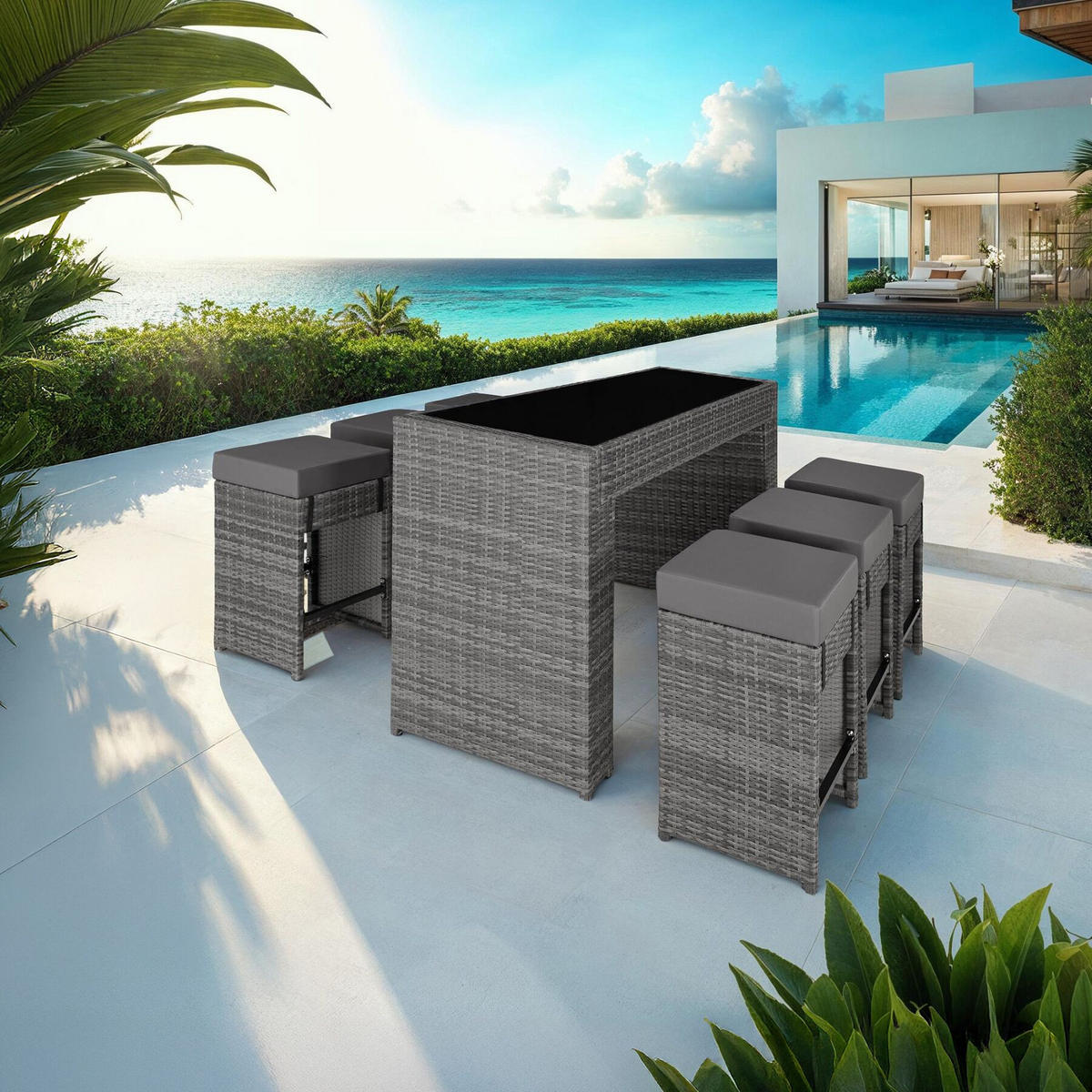 RATTAN BARSET Ibiza,2 Bezugssets,grau - Grau, Kunststoff - tectake