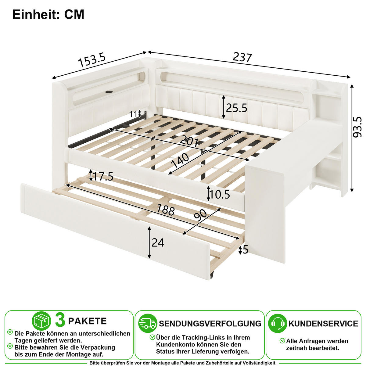 POLSTERBETT 140/200 cm & 90/190 cm in Weiß Leinen mit Ausziehbett, LED, USB und Schreibtisch - Weiß, Holzwerkstoff/Textil (140/200cm) - CHICFURN