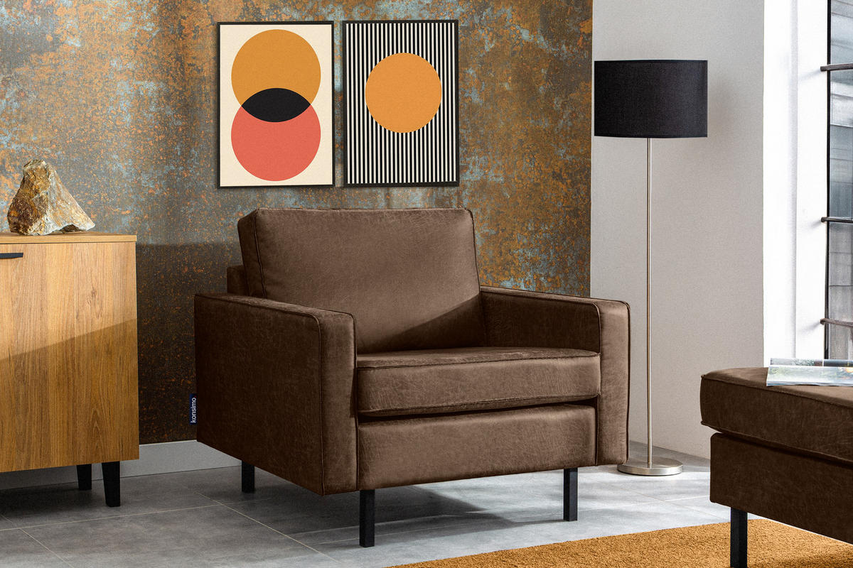 SESSEL INVIA mit Armlehnen auf hohen Metallbeinen vintage, Lederoptik-Stoff, Dunkelbraun - Dunkelbraun/Schwarz, Textil (98/87/98cm) - KONSIMO®