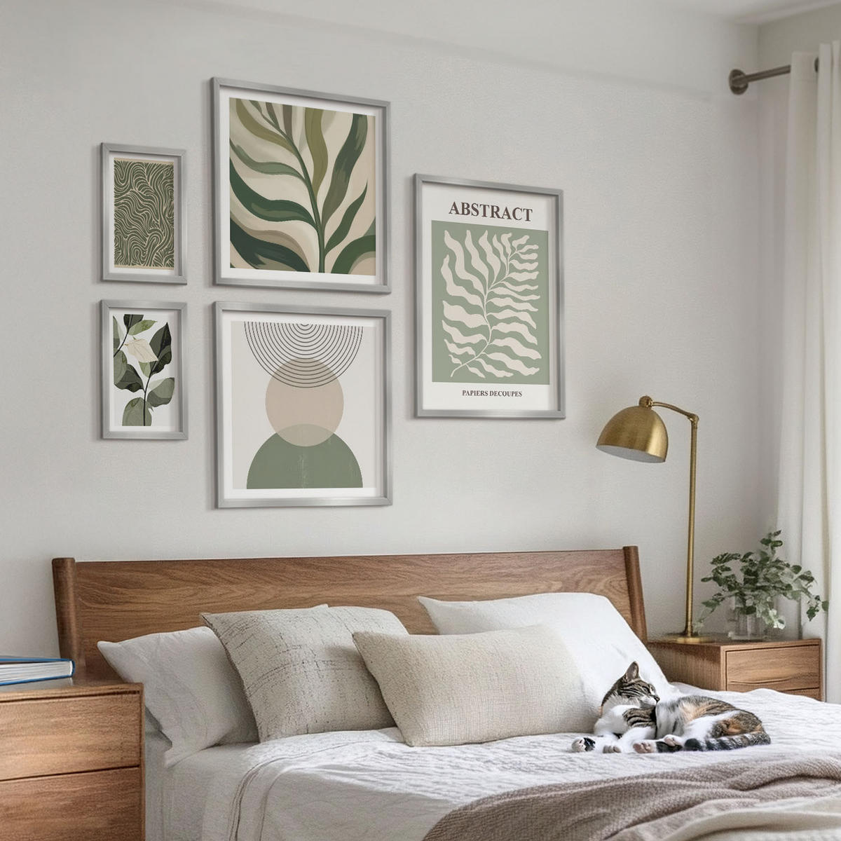 BILDER SET 5er Set - 50x50 cm & 20x30 cm & 40x60 cm Silberner Rahmen - Blätter geometrische Formen abstrakt - Silberfarben, Kunststoff (40/60cm) - TULUP