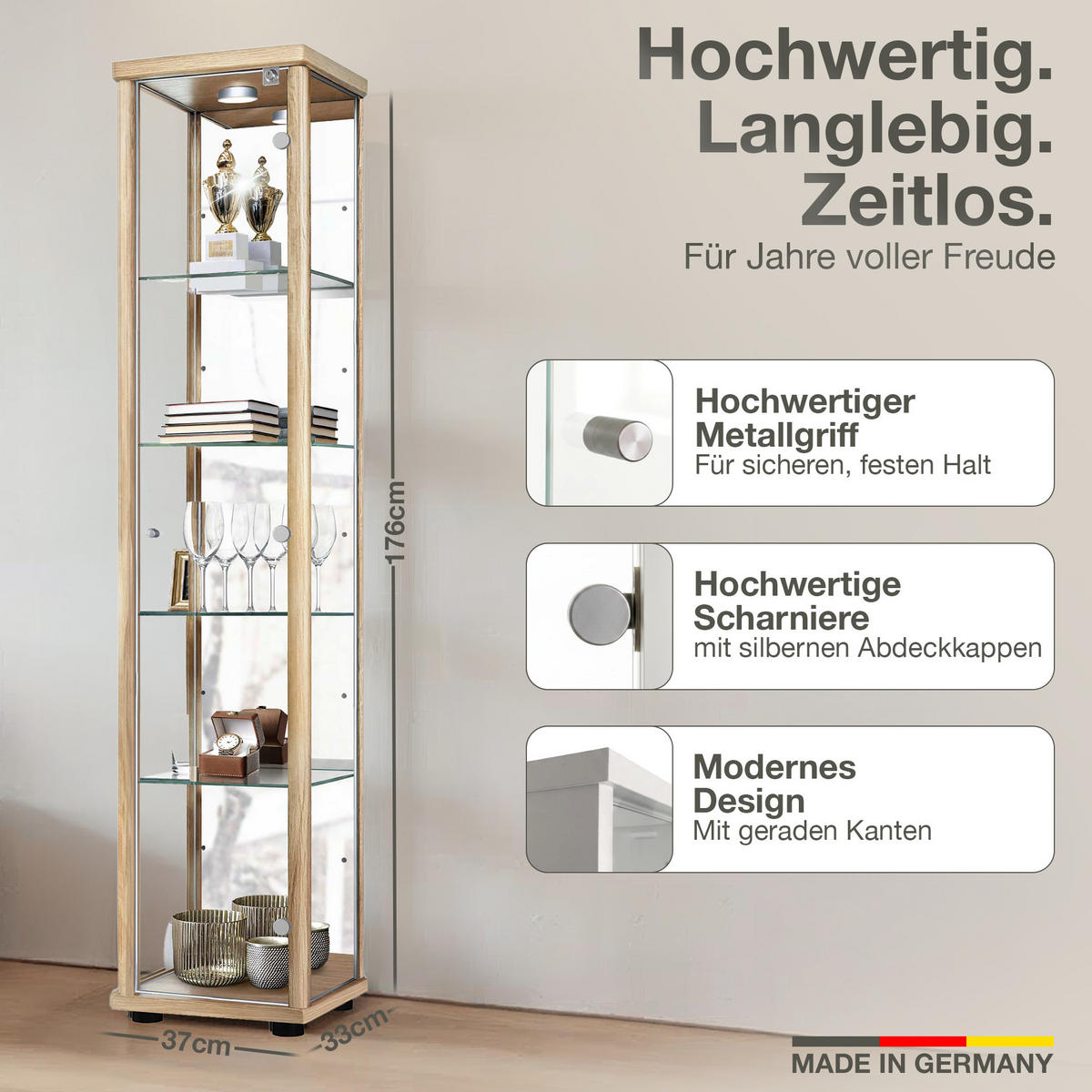 GLASVITRINE 33/37/176 cm mit Spiegel, LED, Schloss & 4 höhenverstellbaren Glasböden - Silberfarben/Buchefarben, Glas/Holzwerkstoff (37/176/33cm) - K-Möbel