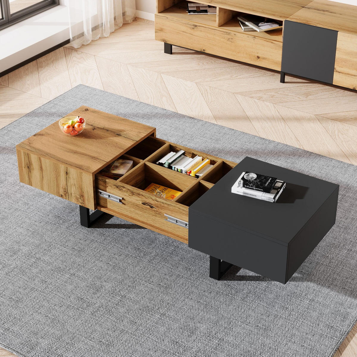 COUCHTISCH 155/55/40cm,verschiebbarer Couchtisch,Holz + Metall,Naturfarben,Grau - Naturfarben, Holz (55/155/40cm) - LVHOM