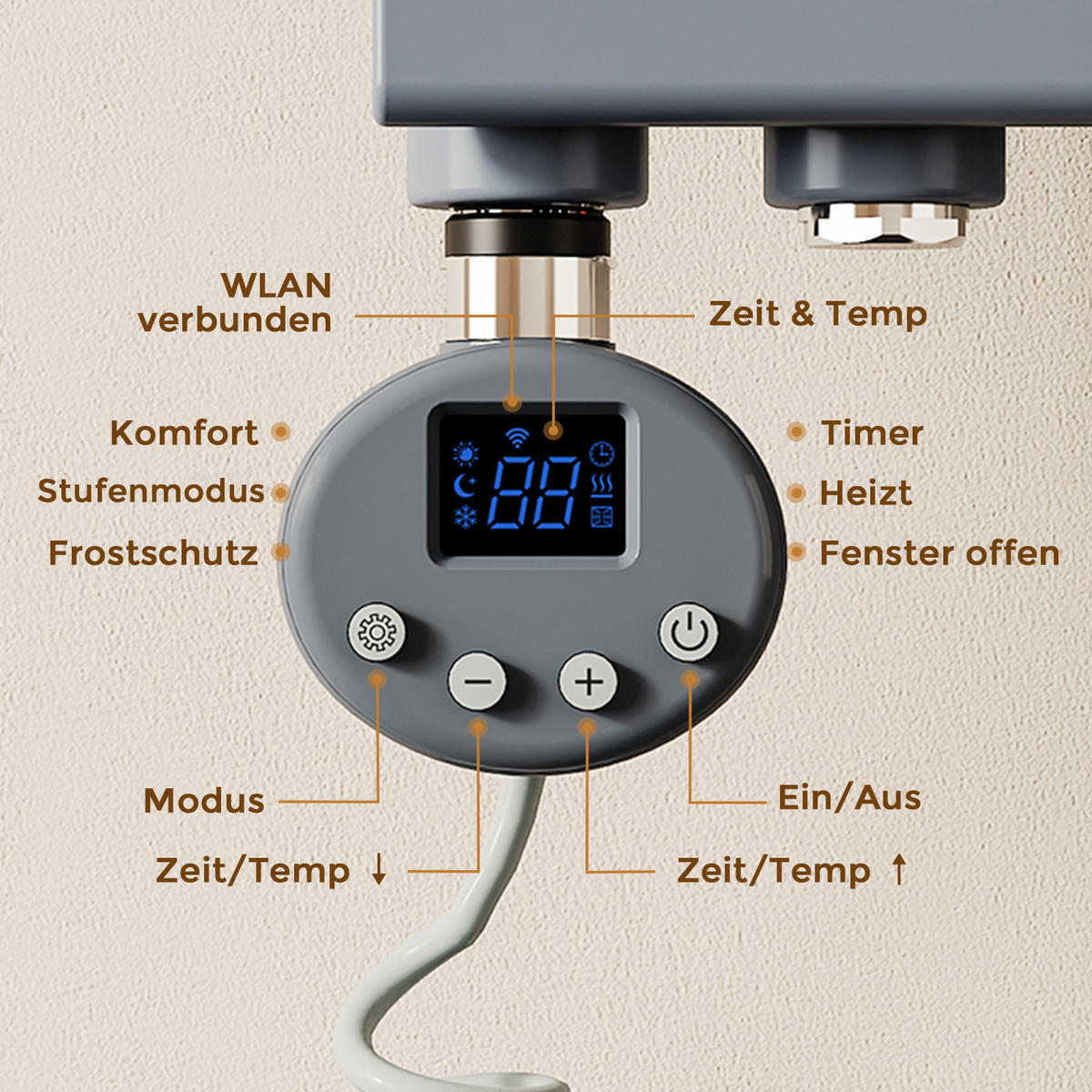 HEIZSTAB 600 W Anthrazit mit WLAN-Thermostat G1/2" für Handtuchheizkörper und Badheizkörper - Anthrazit, Metall (6.9/62/6.2cm) - S'AFIELINA