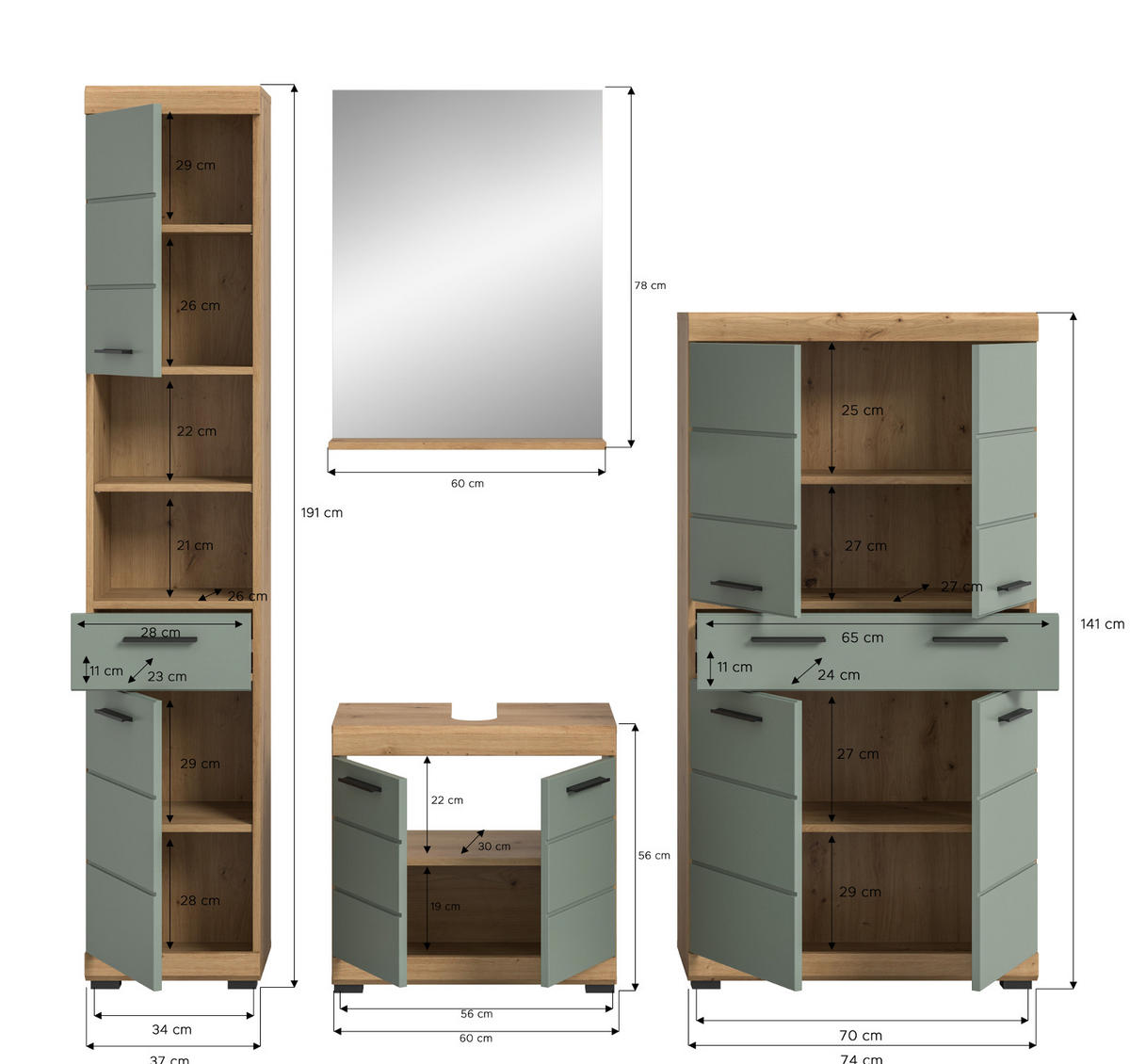 BADMÖBEL-SET Salbei grün, Eiche Artisan 4-teilig 200 cm, Komplettset mit viel Stauraum - Salbeigrün/Schwarz, Glas/Holzwerkstoff (186/191/34cm) - Inn.Furn