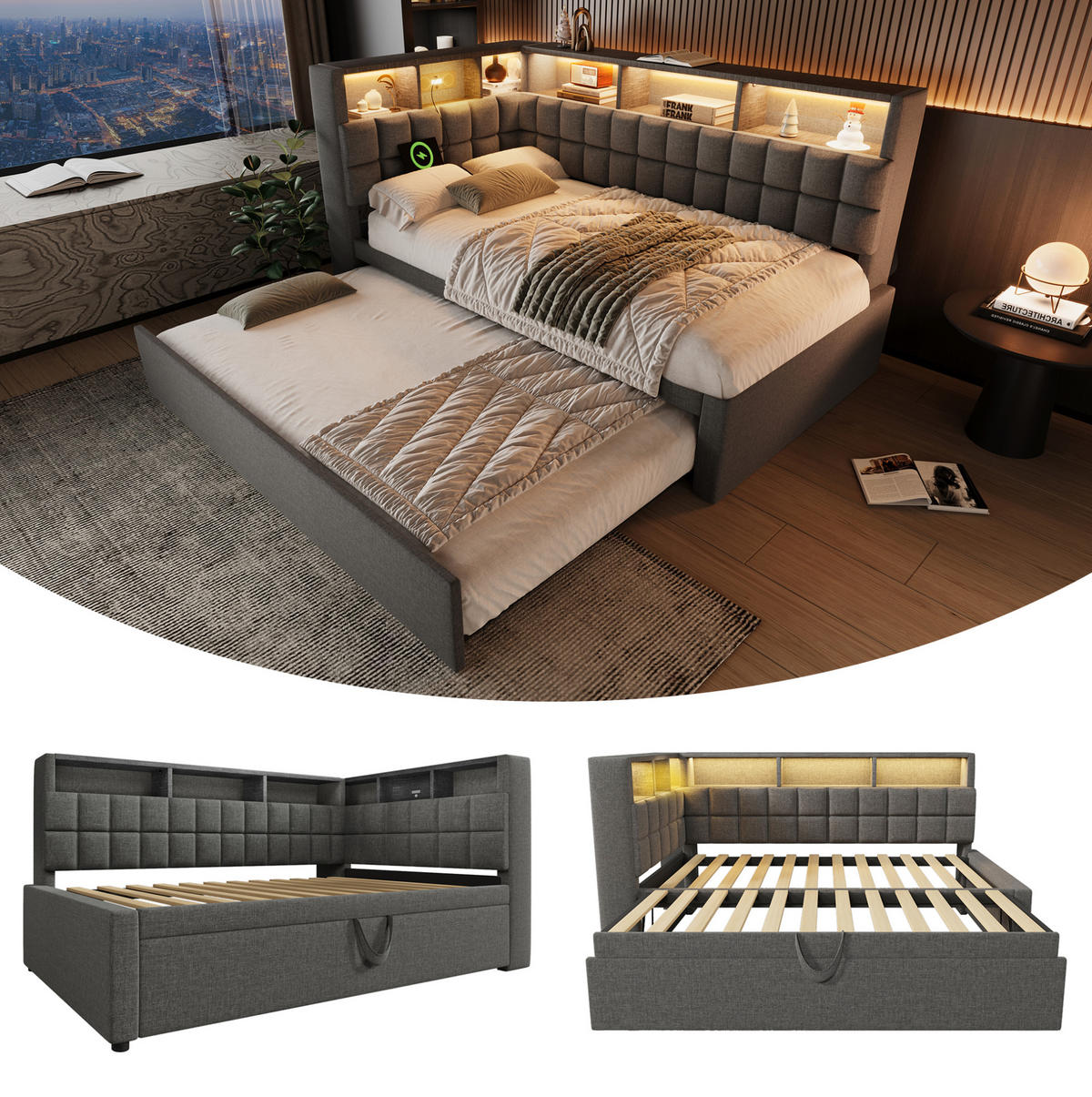 ČALÚNENÁ posteľ z ľanovej zmesi 90x200 cm sivá s výsuvným lôžkom, LED, Bluetooth, USB a Type-C - sivá, textil (90/200cm) - Modfu