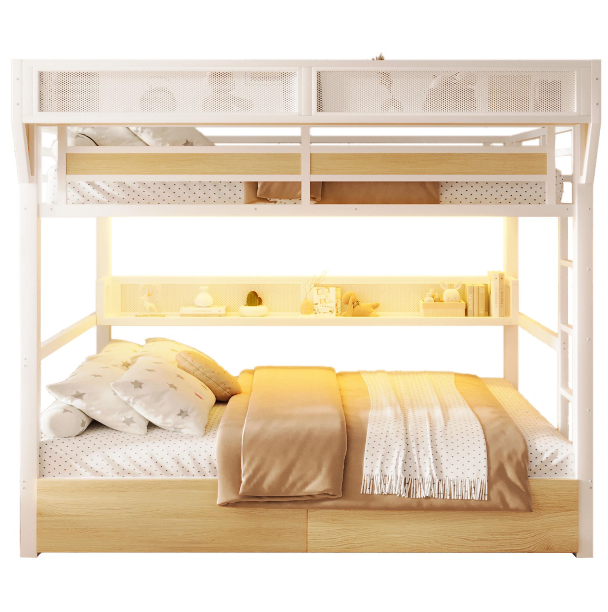 HOCHBETT aus Metall und MDF 140x200 cm Weiß mit Stauraum, Schubladen und LED-Beleuchtung - Weiß, Holzwerkstoff (140/200cm) - Modfu