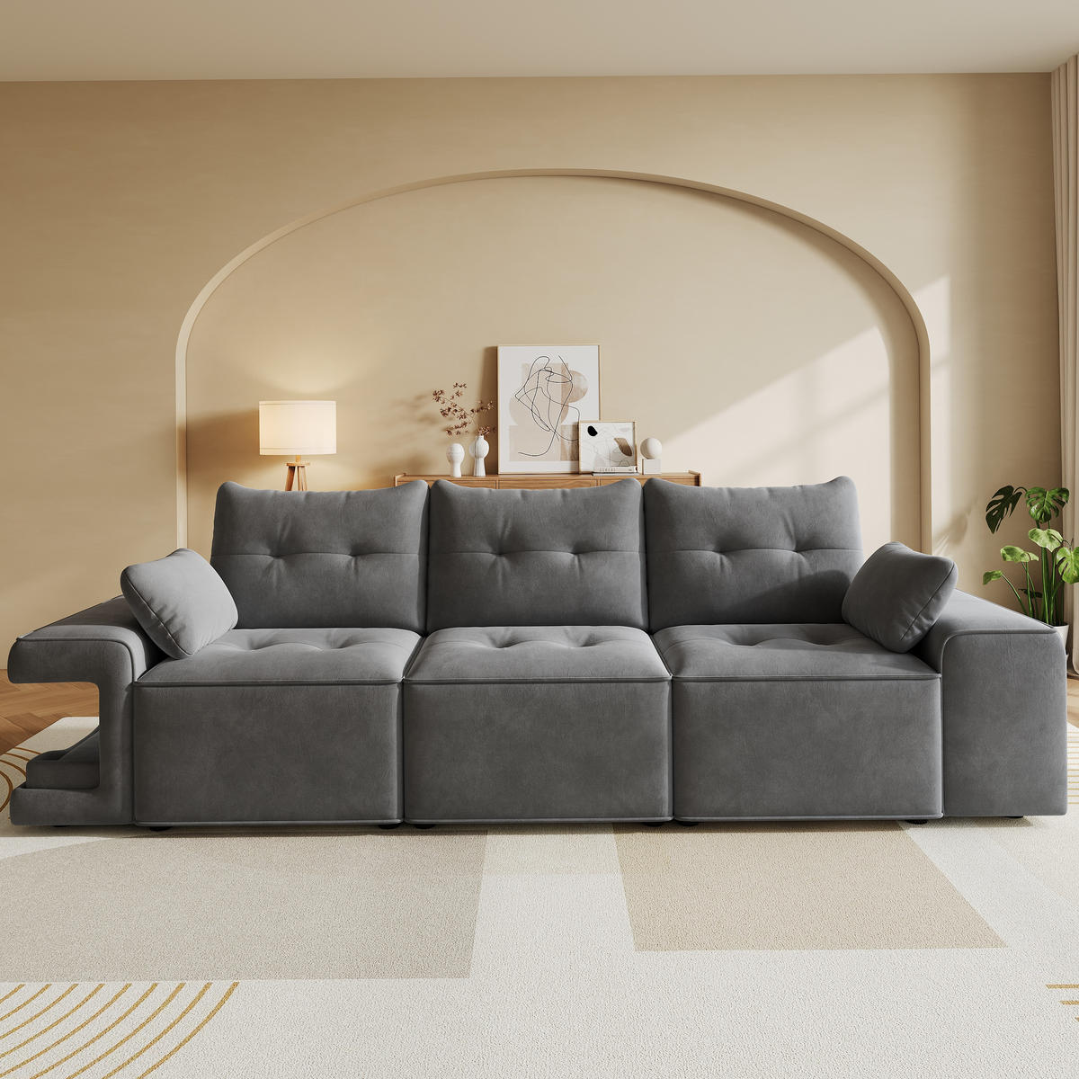 SOFA Grau 3 Sitzer Stauraum breite Armlehnen Kissen - Grau, Textil (78/84/229.5cm) - FLIEKS