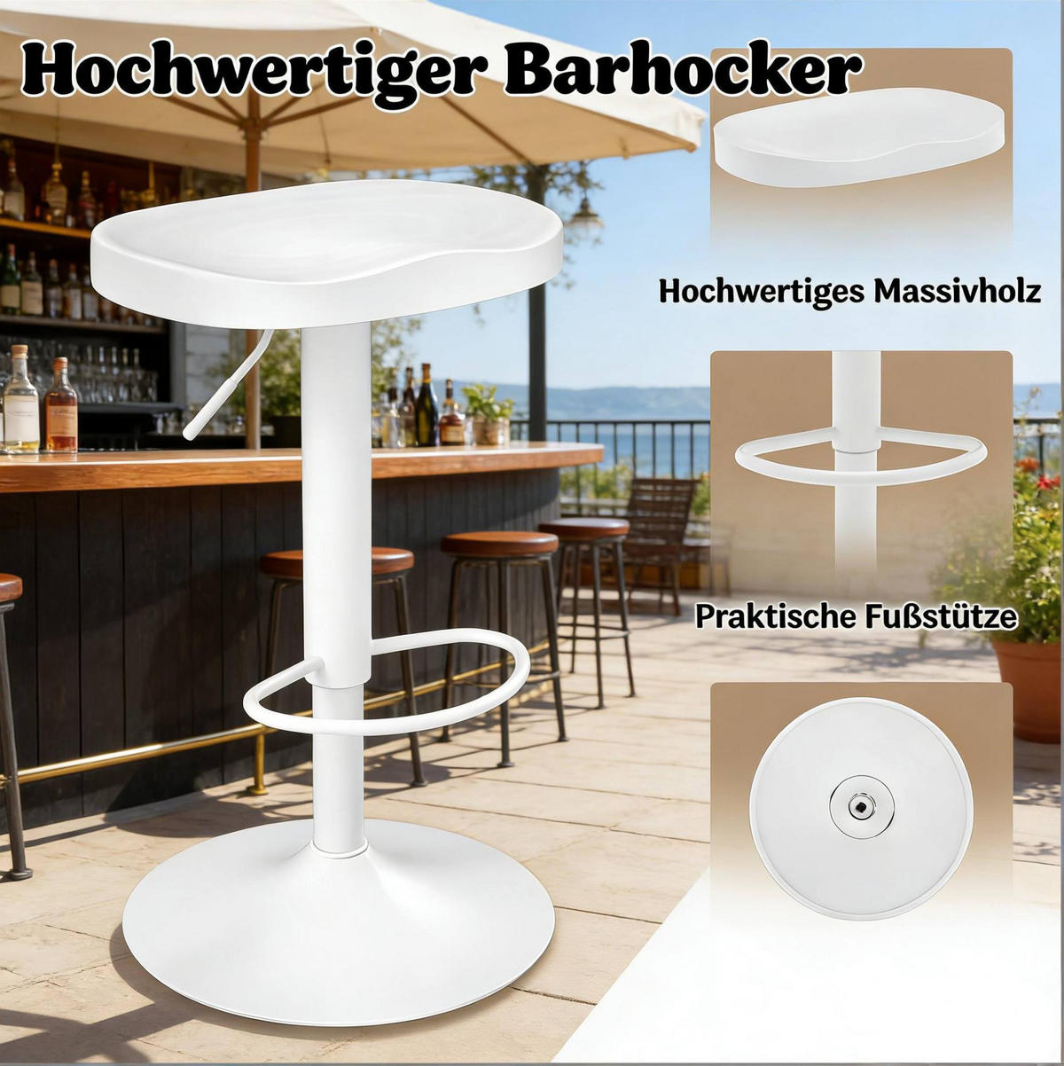 BARHOCKER drehbar höhenverstellbar Weiß Metall/Massivholz - Weiß, Metall (31.5/81/41.5cm) - Meubliv