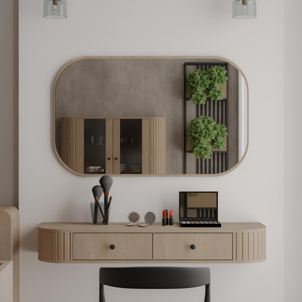 KONSOLENTISCH Halay Eiche Cremona 2 Schubladen mit runden Kanten + Rechteckiger Spiegel - Eichefarben/Schwarz, Holzwerkstoff/Metall (36/123/17.5cm) - AX Living