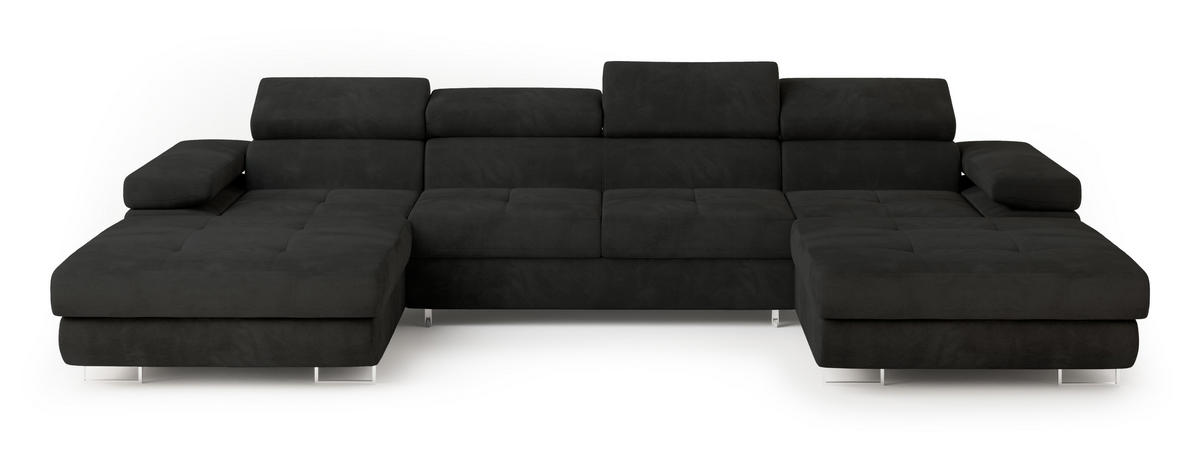 WOHNLANDSCHAFT LYKKE Schwarz Velours-Stoff mit Schlaffunktion - Schwarz, Holz (353/90/202cm) - MASSENO