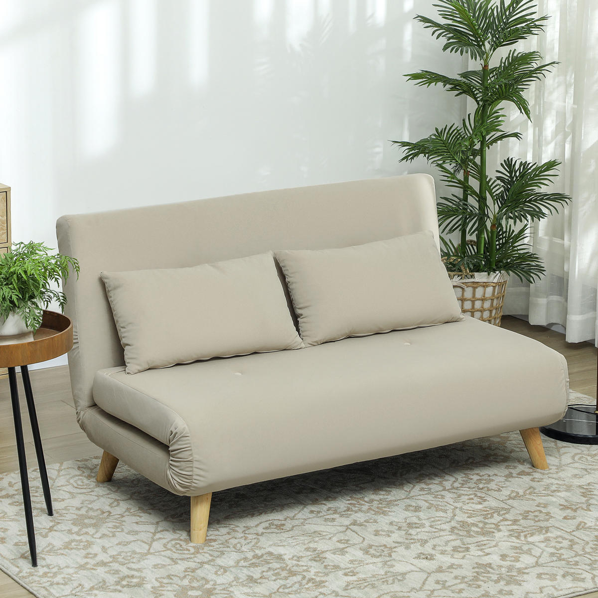 SCHLAFSOFA Sofa mit Schlaffunktion 130 X 78 cm Couch mit Lendenkissen, Beige - Beige/Naturfarben, Holz/Textil (78/79/130cm) - HOMCOM